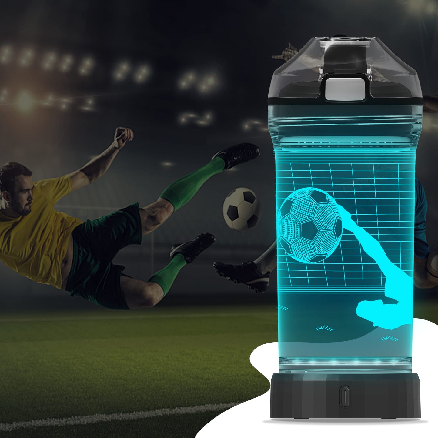 YuanDian Soccer Gifts, Light Up Kids Water Bottle with 3D Soccer Illusion Lamp- 14 OZ Tritan BPA Free - Cool Drinking Cups Gift for School Kids Boy Child Sport Lovers