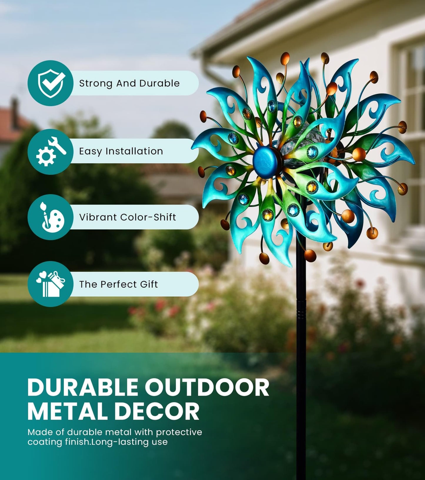 VUFOZ Solar Wind Spinners Outdoor – H63xW13 Metal Kinetic Garden Spinner with Crackle Glass Ball & Built-in Solar Panel – Peacock-Style Yard Wind Sculpture with LED Light
