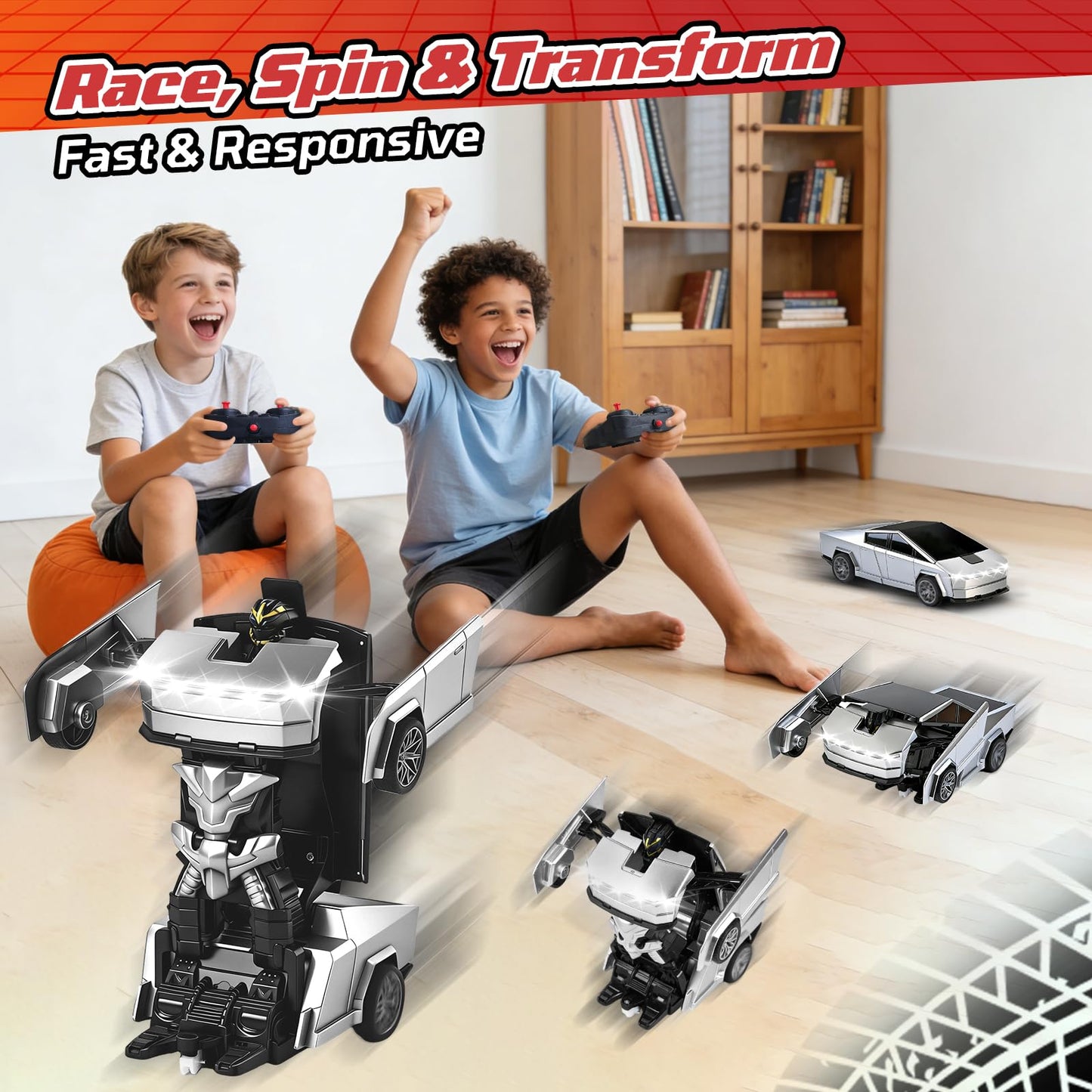 Transform RC Cybertruck Toy Car, 2.4GHz 2 in 1 Transform Toys for Boys 4-6 6-8, Remote Control Car for Kids, 360° Rotating RC Cars for Boys Age 8-12, Cyber Truck Transform with Lights and 2 Batteries