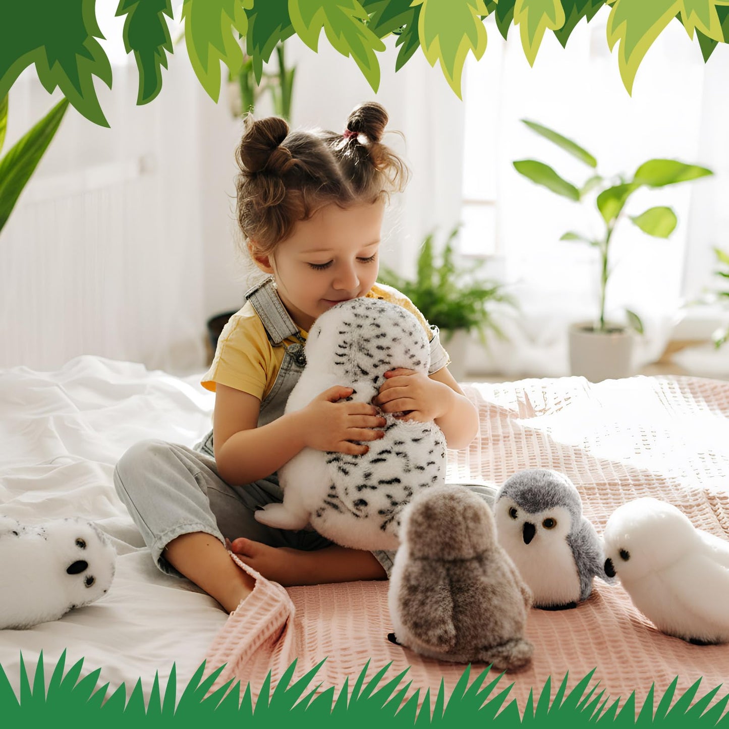 Hollowfly 5 Pcs Snowy Owls Plush Toy Gift Set 12.6" Mom Owls with 4 Cute Babies Stuffed Animal in Zippered Back Nurturing Plushes Toy Set for Kid Adults Birthday Party Favors Gifts