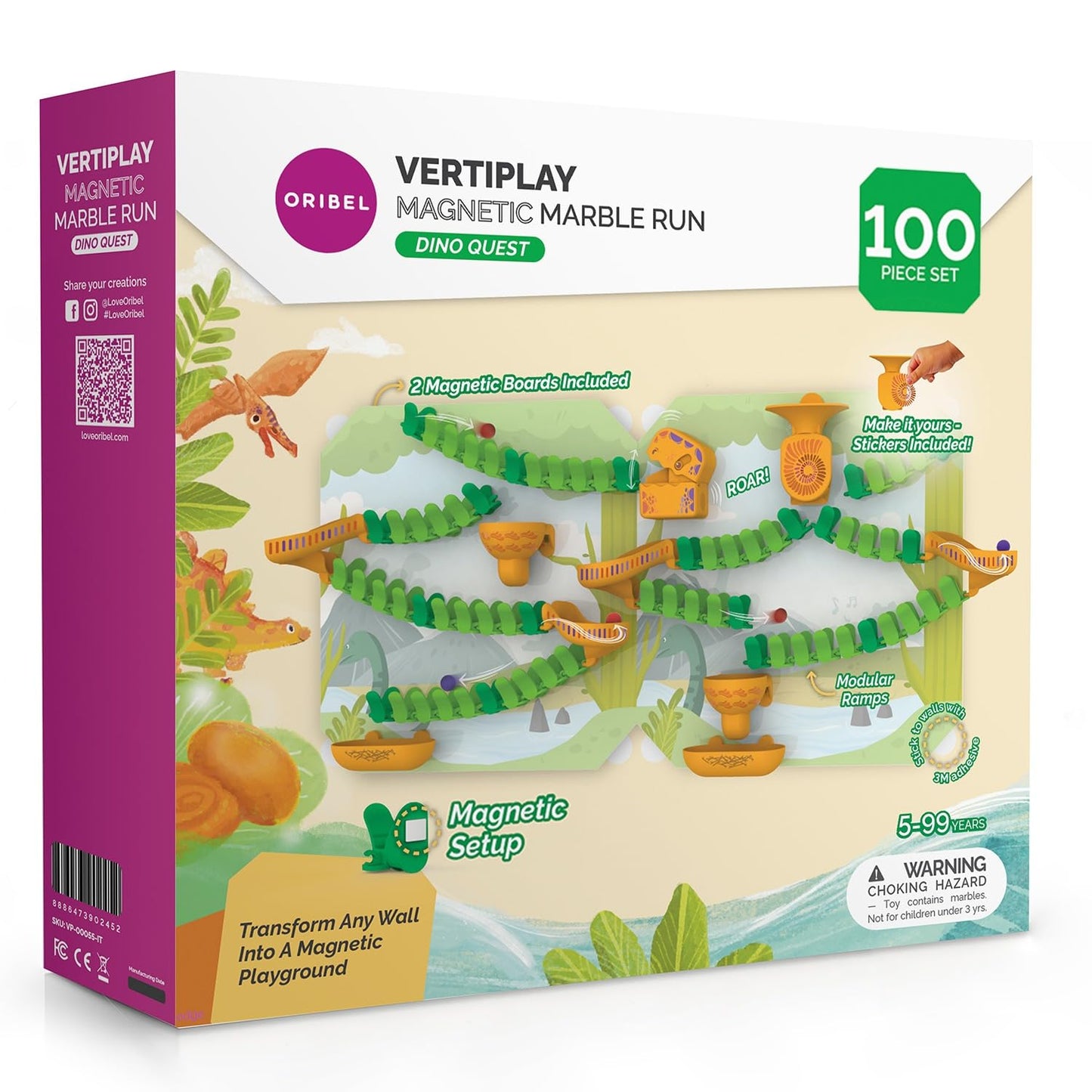 Oribel VertiPlay Magnetic Marble Run | 100 pcs STEM Toy, Dino Quest Edition | 2 Magnetic Play Boards | Wall Toy for Kids Age 5+ | Magnetic Track-Building Set | Dinosaur-Themed Stick-On Playboard
