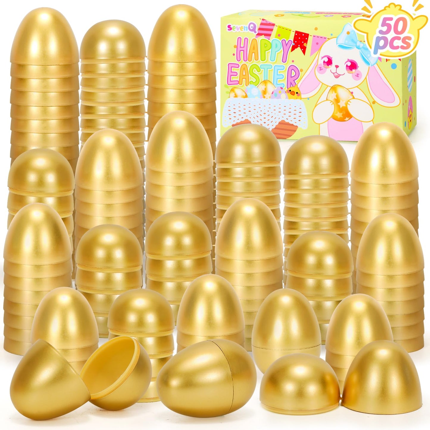SevenQ Plastic Easter Eggs Empty 2.3” 50Pcs, Fillable Golden Egg for Easter Basket Stuffers Gifts for Kids Party Favors Pinata Goodie Bags Treasure Box Toys Fillers Easter Egg Hunt Games Decorations
