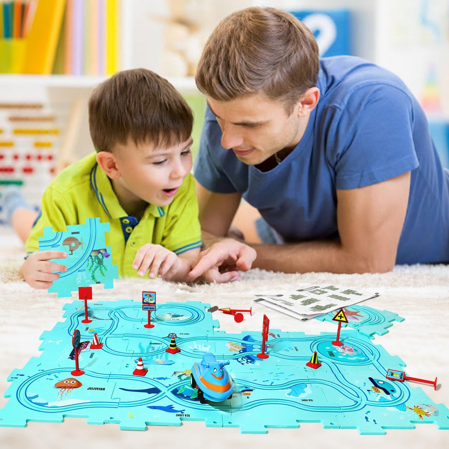 XAZASTOV Puzzle Track Car Play Set, Plastic Puzzles for Kids Ages 3-5 with Vehicles, Electric Trolley Puzzle, Car Tracks for Toddlers, Toys Gifts for 3 4 5 6 Year Old Boys Girls