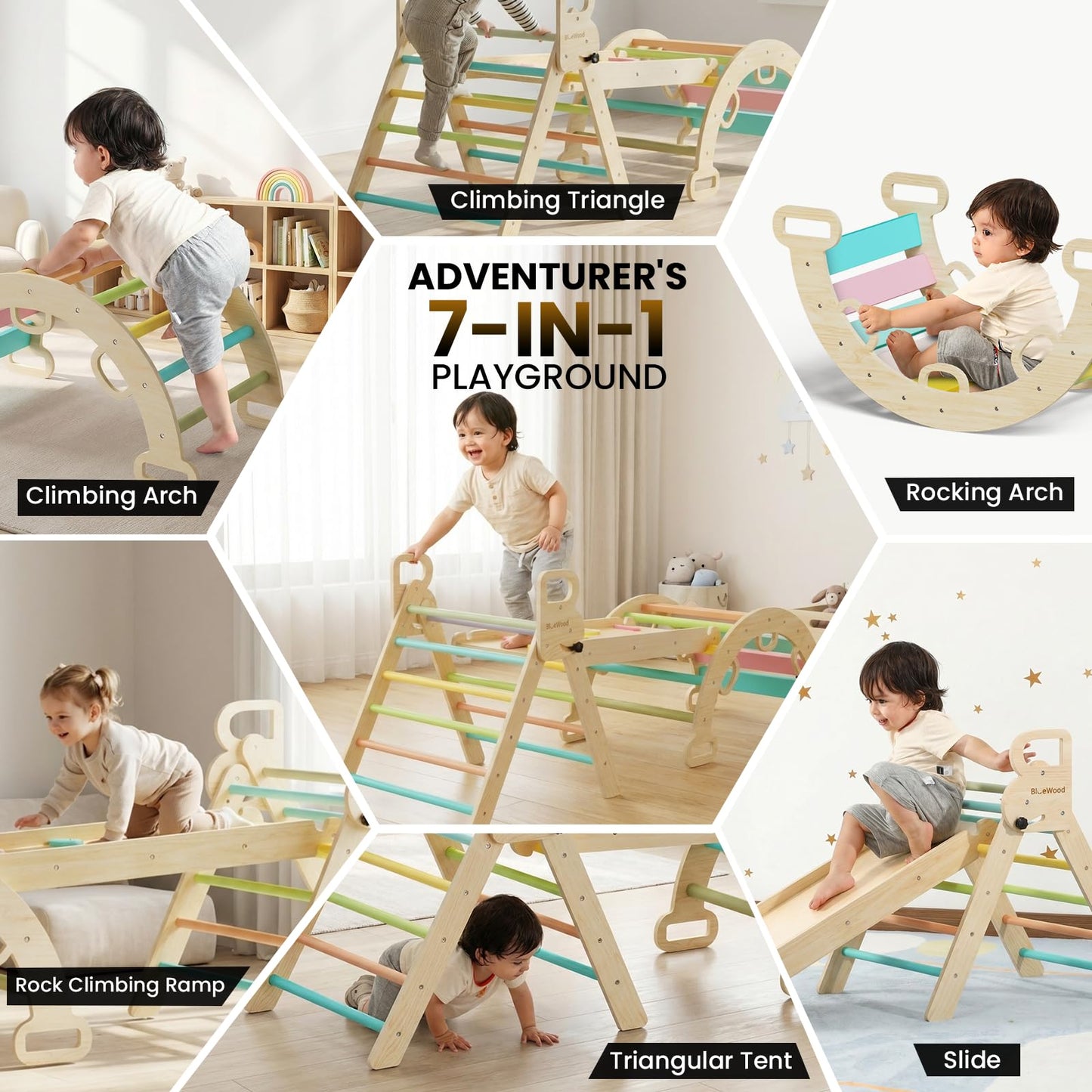 BlueWood Pikler Triangle Set 7in1 Foldable Baby Climbing Toys Wooden Montessori Climbing Set with Arch&Ramp&Ladder Baby Climber Indoor Jungle Gyms for Toddlers Montessori Toys - Rose Garden