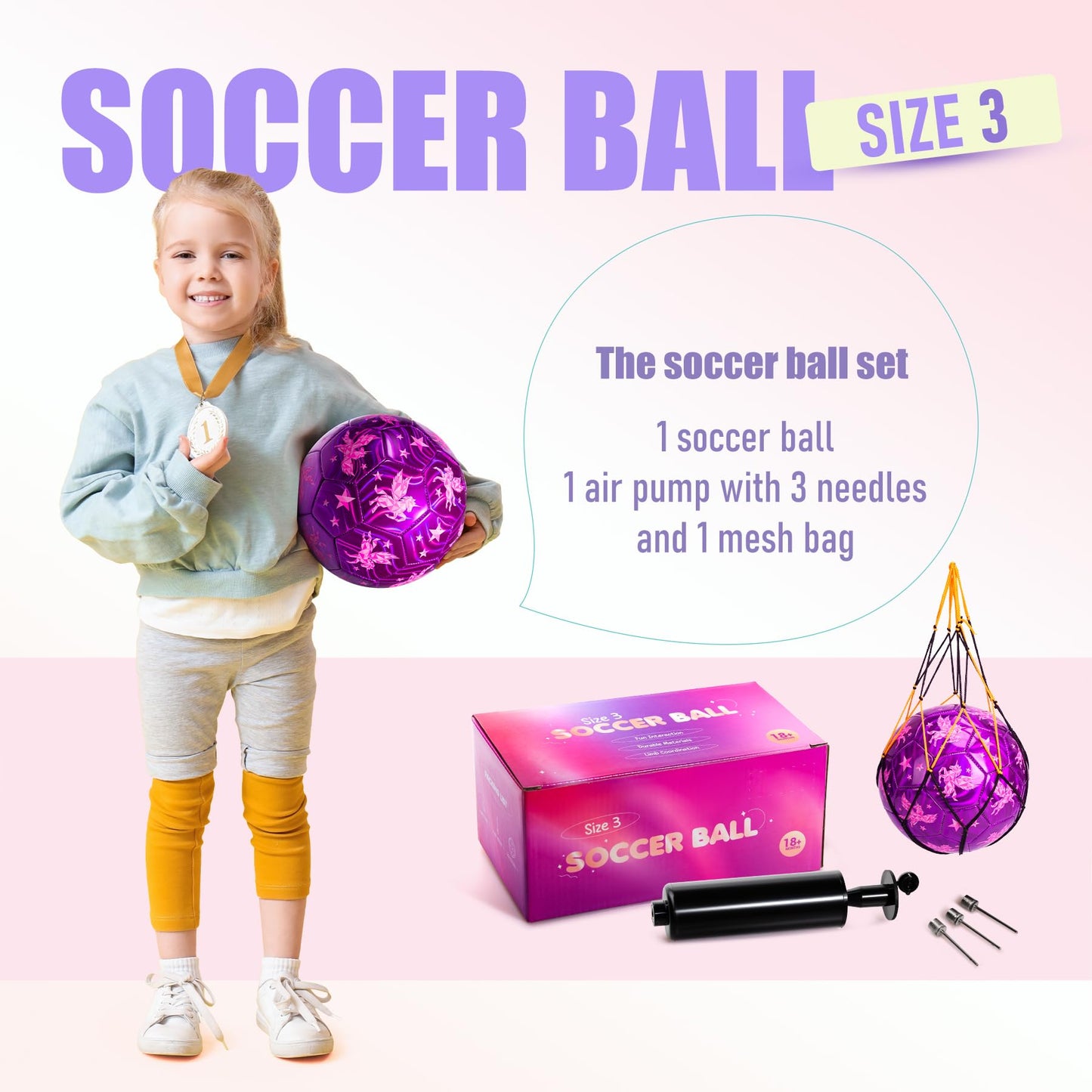 INPODAK Kids Soccer Ball Size 3 for Girl, Cartoon Unicorn Pink Soccer Ball for Toddler 2-8 with Pump, Mesh Bag, Gift Gift for Birthdays Parties