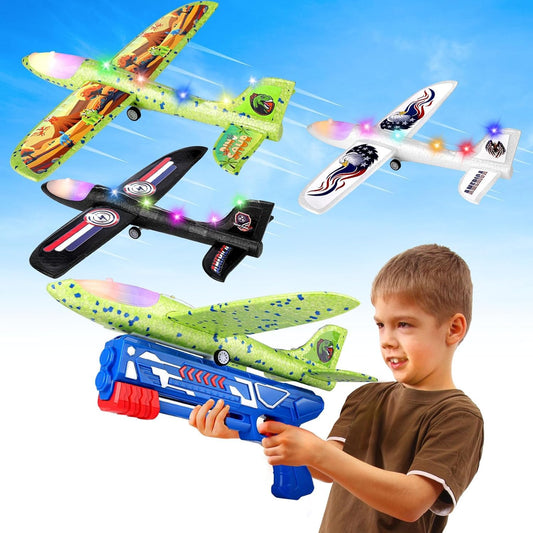 Onysurui 3 Pack Airplane Launcher Toy, 12.6" Foam 2 Flight Mode Led Plane Catapult Boy Toys with 3 DIY Stickers, Outdoor Flying Toys for Kids Gifts for 4 5 6 7 8 9 10 12 Year Old Boys Girls