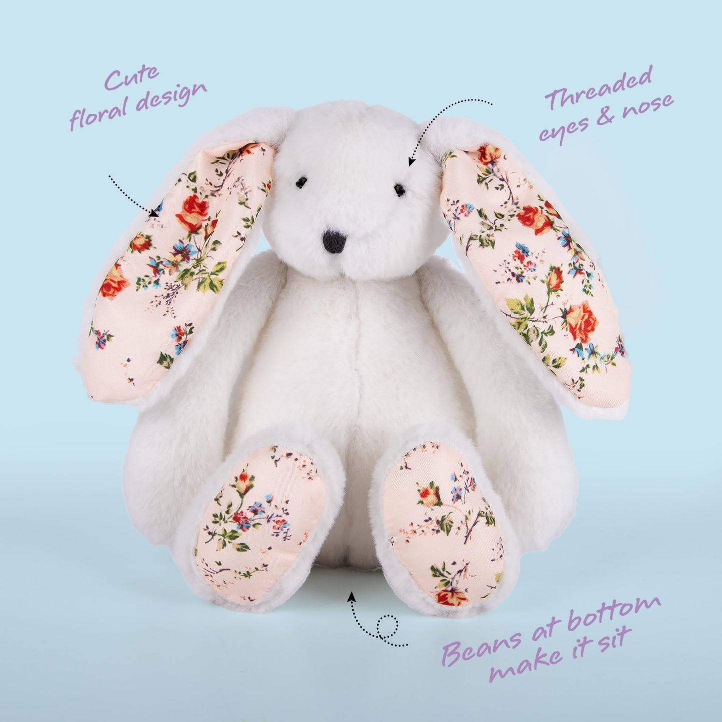 ArtCreativity Blossom Bunny Plush for Kids - 12 inches - White Plush Stuffed Bunny Rabbit with Floral Blossom Print Ears and Feet for Girls - Stuffed Animal Gifts for Kids, Toddlers, and Baby Girls