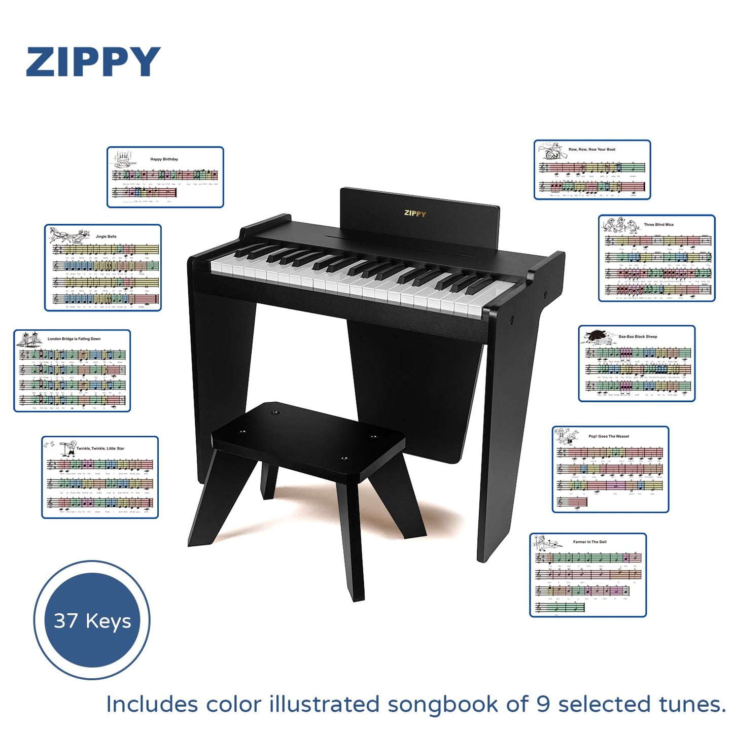 ZIPPY Kids Piano Keyboard, 37 Keys Digital Piano for Kids, Music Educational Instrument Toy, Wood Piano for 3+ Girls and Boys (Black Basic)