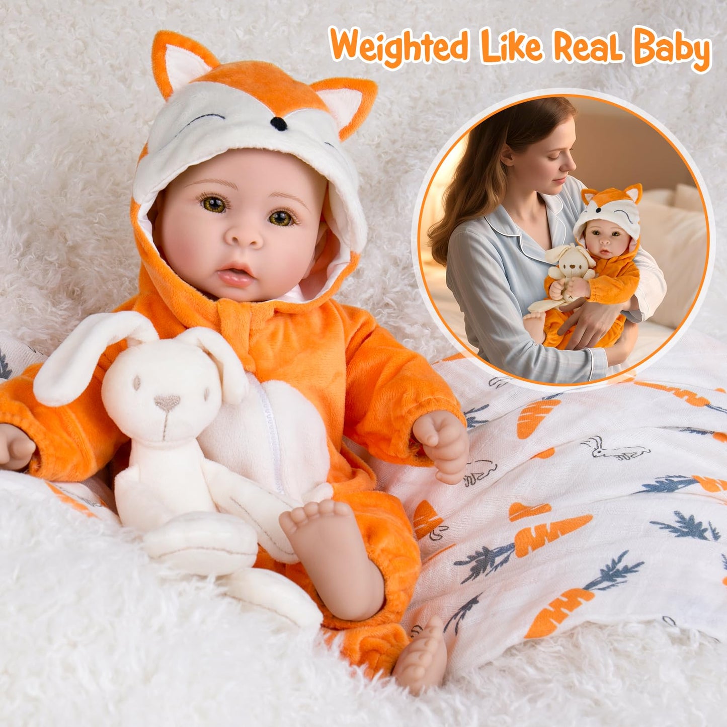 Aori Baby Dolls - 17 Inch Real Life Doll with Ultra Soft Body & Fox Outfits for Girls 3+ | Pretend Play, Adoption Day, Photography Prop, Collectible