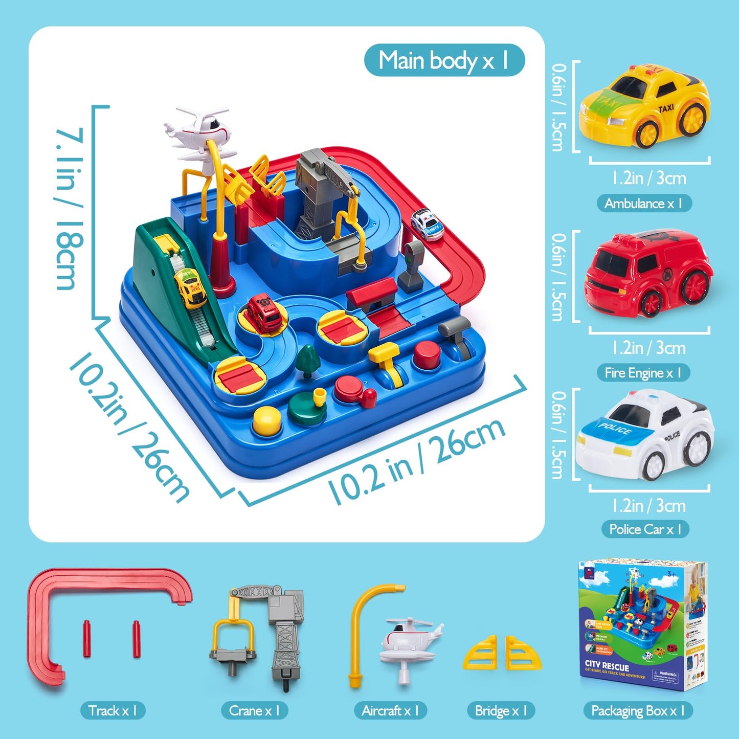 Hahaland 3 Year Old Boy Toys - Race Track Toys, Car Toy for Boys 3-4, Puzzle Track Rescue Racer Game with Magnetic Helicopter, STEM Learning, Montessori, Toddler