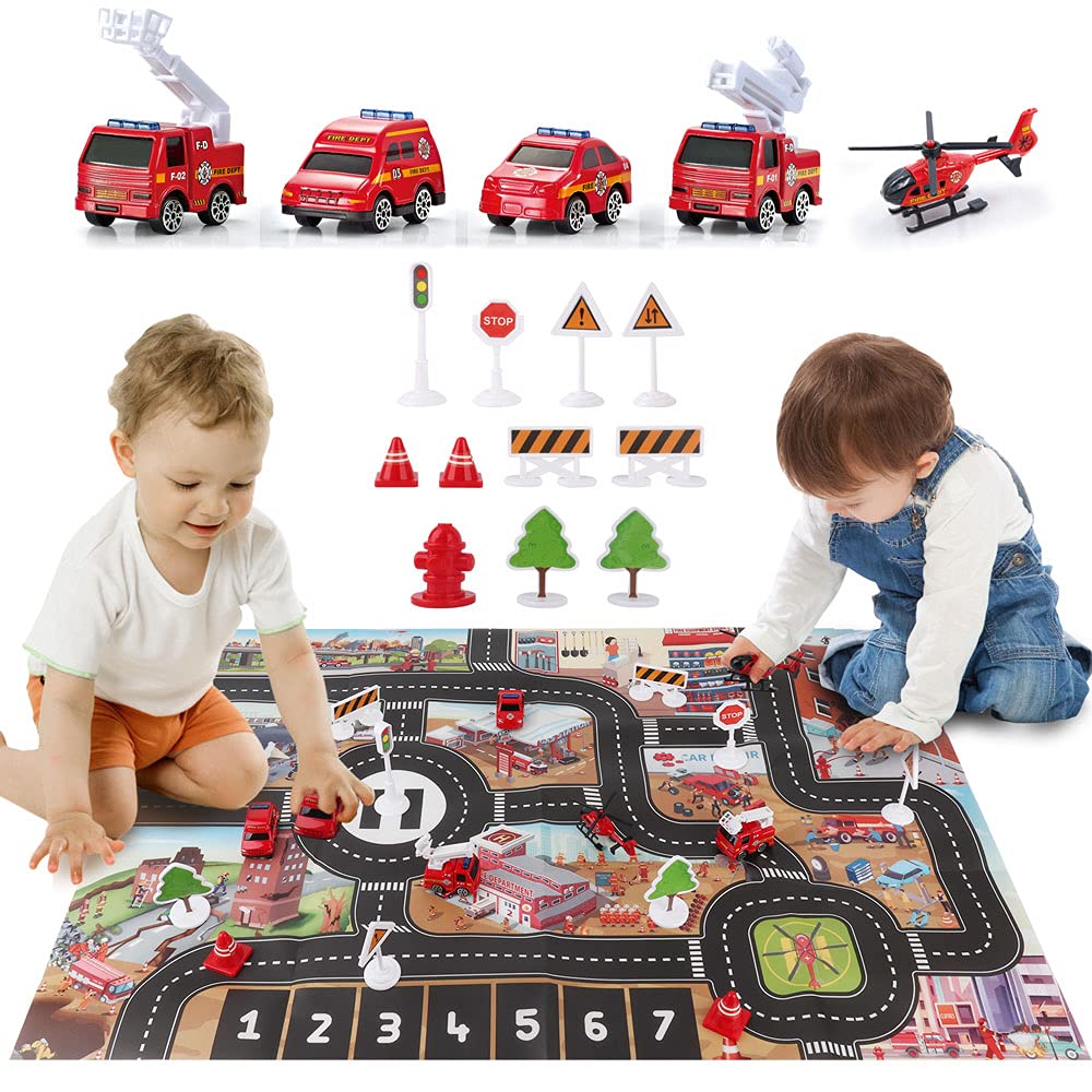 Dwi Dowellin Airplane Toys with Fire Truck Cars Toy Set and Play Mat,Plane with Light Up and Sounds,Birthday Gift for 3 4 5 6 Years Old Kids Boys Girls(Medium)