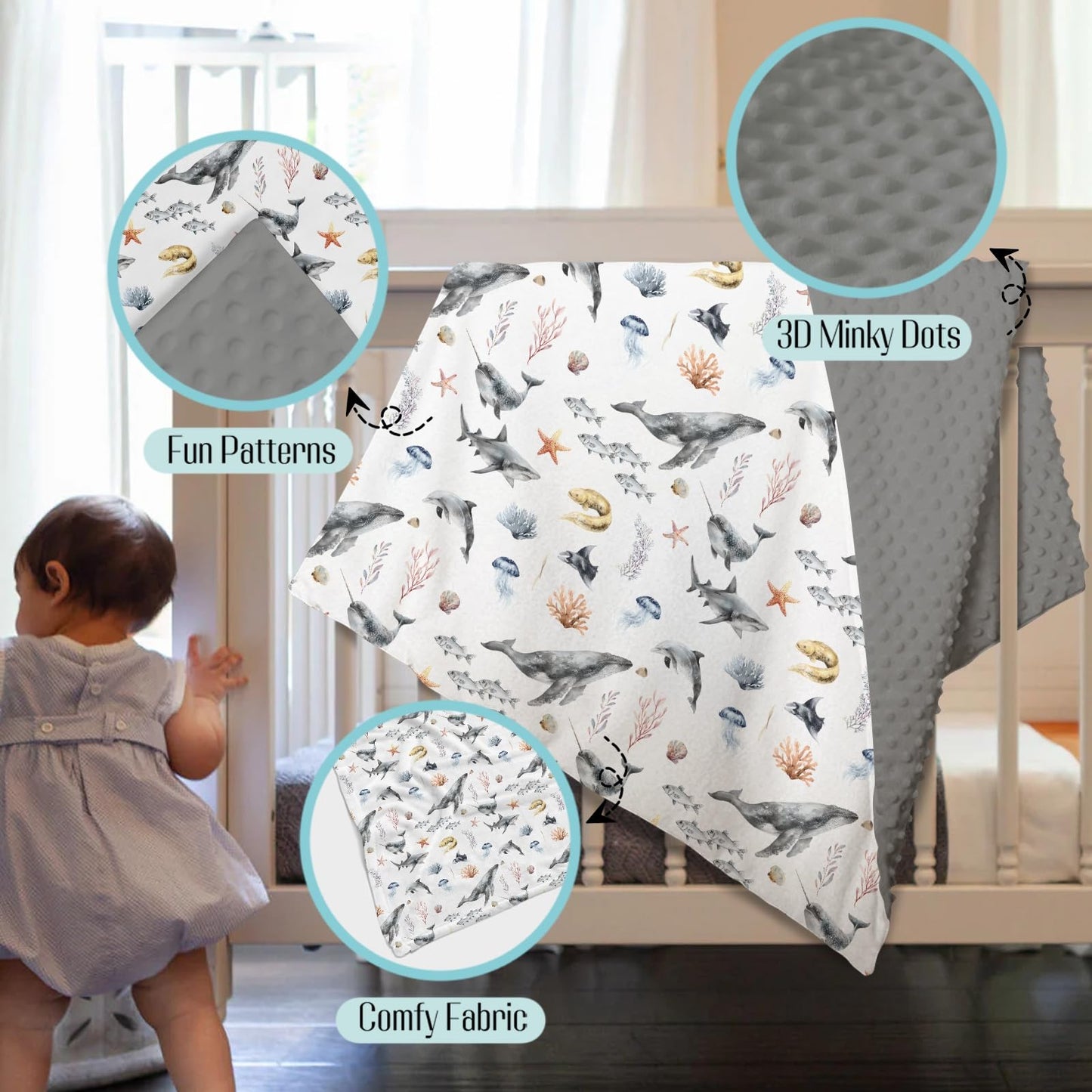 EyMzcod Mink Baby Boy Girl Blankets Under The Sea Animals, Ocean Creature Whale Shark Soft Double Layer Dotted Backing Receiving Swaddle, Newborn Infant Toddler Nursery Crib Bedding Shower Gift 30x40