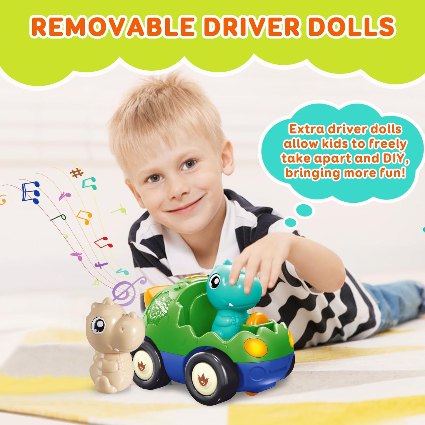 Pup Go Dinosaur Remote Control Car for Toddler 1 2 3 Years Old, My First RC Car with Music & Lights, 2 Interchangeable Dolls, Baby Dinosaur Toys, Ideal Gifts for Kids Boys Girls (Forest Green)