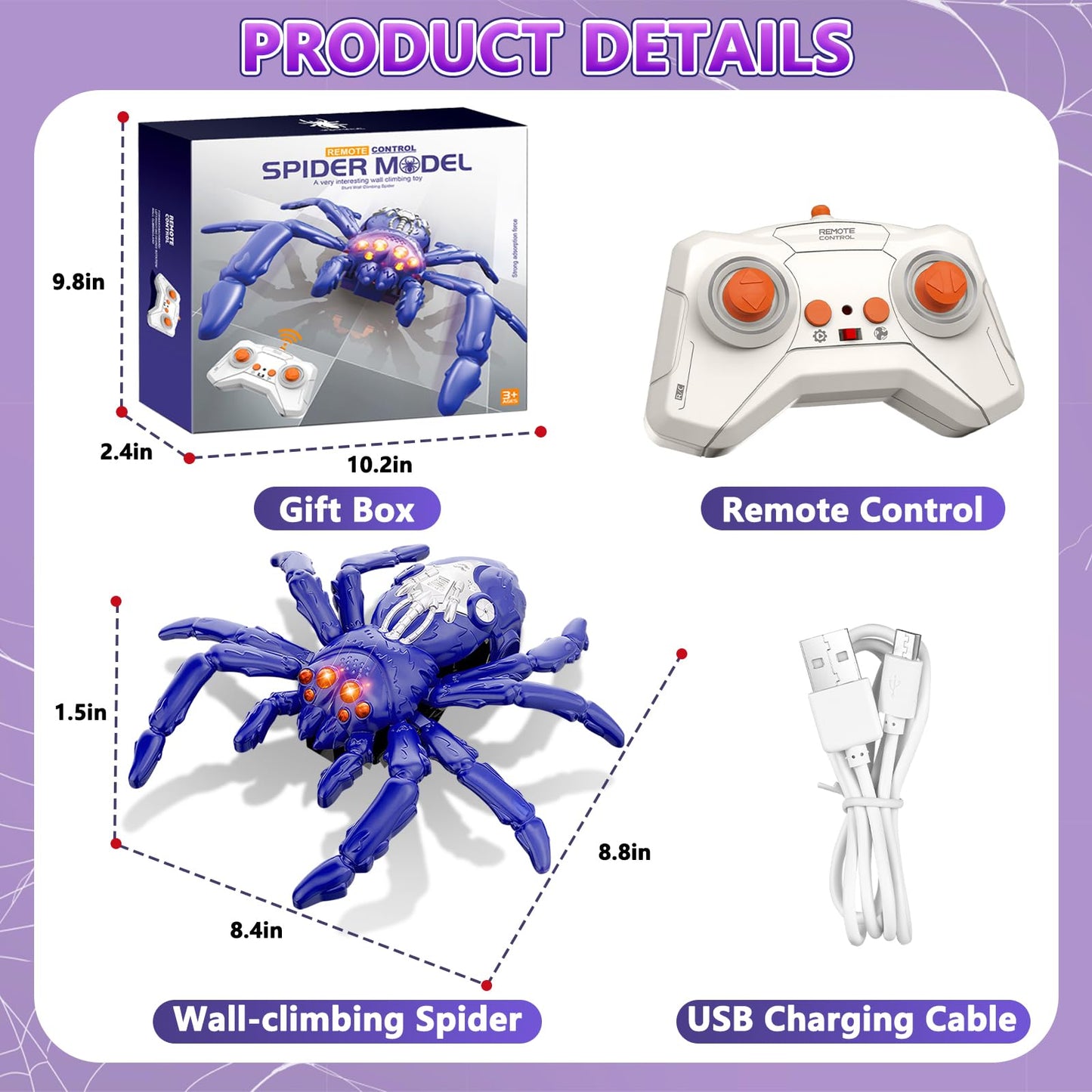 Infowush Wall Crawler Spider, Rechargeable Remote Control Robot Kids Toys, 360° Rotating RC Wall Climbing Spider with LED Eyes Toys for Boys Girls Ages 3 & Up, Birthday Gifts for 3-12 Year Old Boys