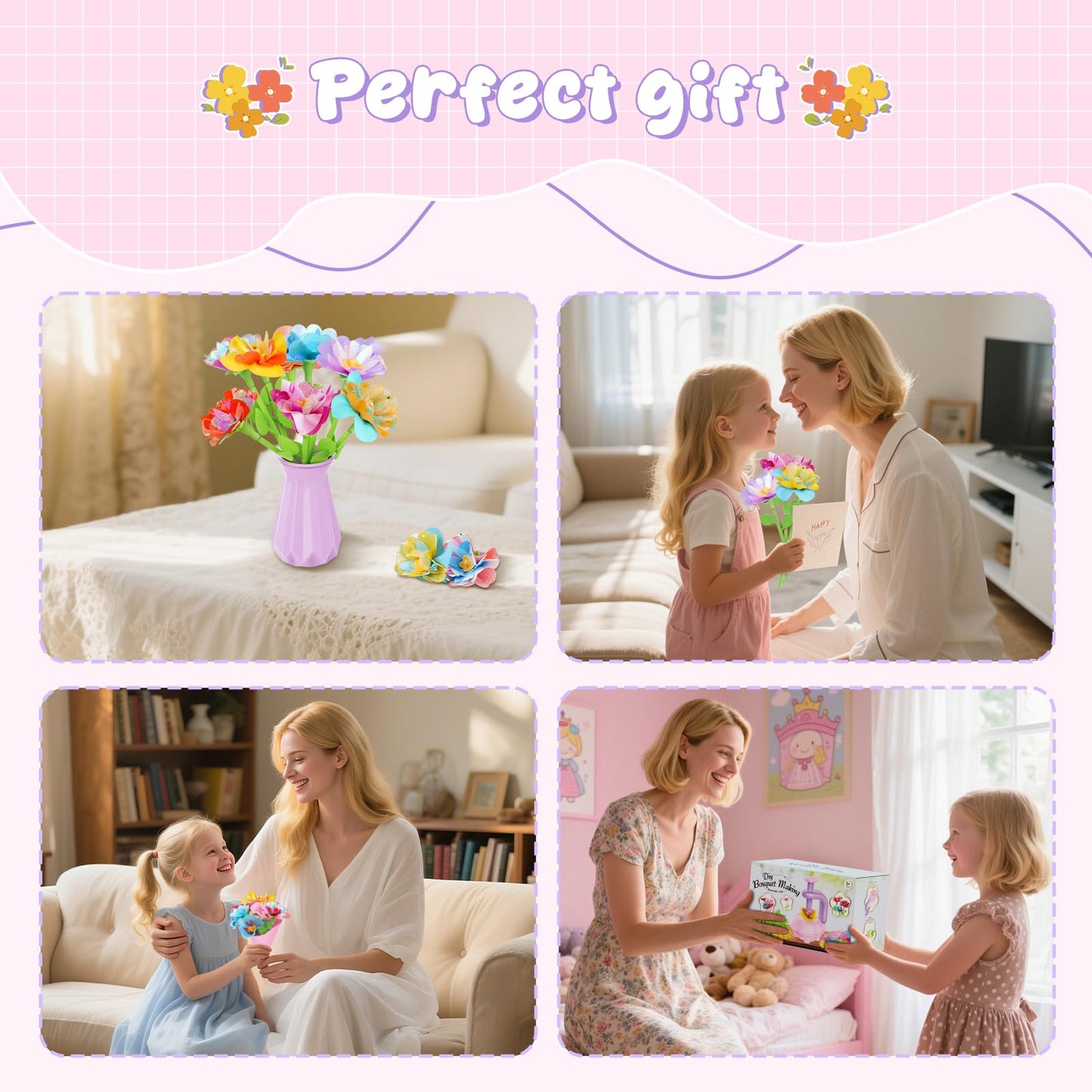 FUNZBO Girls Toys - Flower Bouquet Craft Kits, DIY Arts and Crafts for Kids 4-6-8, Flowers Making Toys for Kid Toddler, Birthday Gifts for 3 4 5 6 7 8 9 10 11 12 Year Old Girl