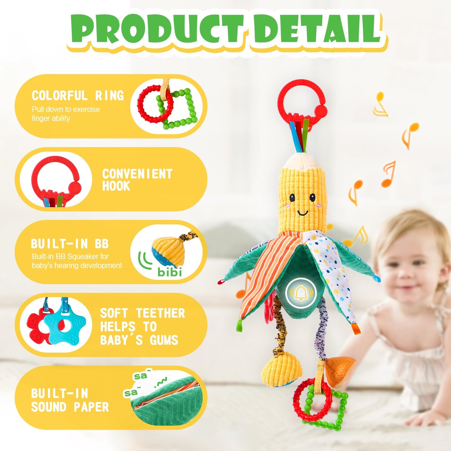 PHEZAPA Hanging Rattles Crib & Car Seat Toys for Babies 0-12 Months with Crinkle, Squeaky & Teether, Sensory Corn Soft Stuff Stroller Toys for Newborns, Boys Girls Gifts