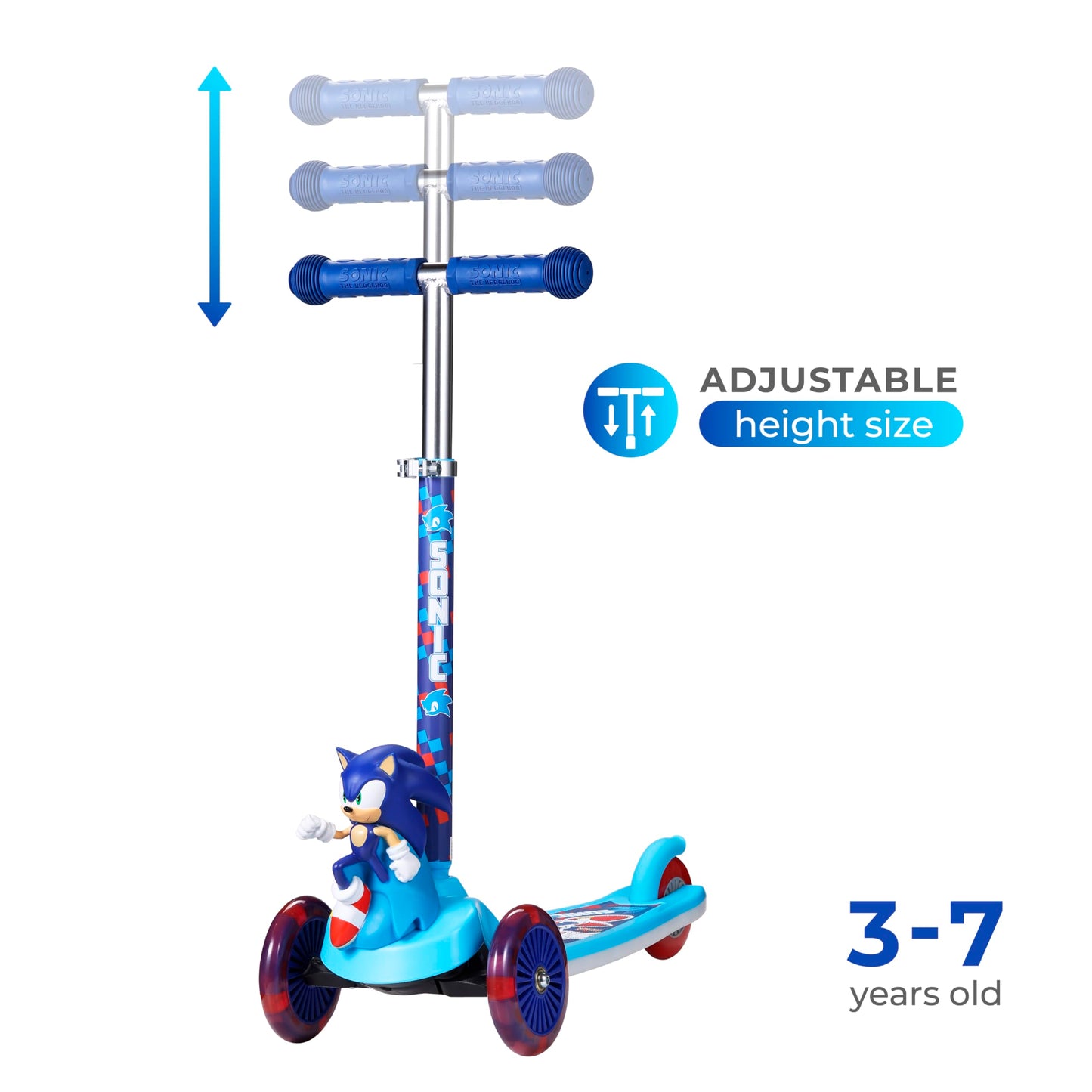 Sonic The Hedgehog 3D Kick Scooter for Kids, Self-Balancing 3 Wheeled Light Up Scooter with Extra Wide Anti-Slip Deck, Rear Brake, Lean to Steer, Lightweight Design, for Kids 3 and up, 75 LB Limit