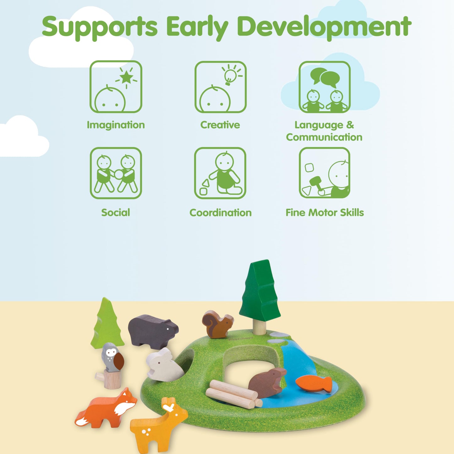 PlanToys® Wooden Animal Toy Set for Toddlers | 16 Pcs Montessori Forest Playset with Trees, Cave, and Mountain | Eco-Friendly Educational Toys for Kids | Open-Ended Nature Pretend Play