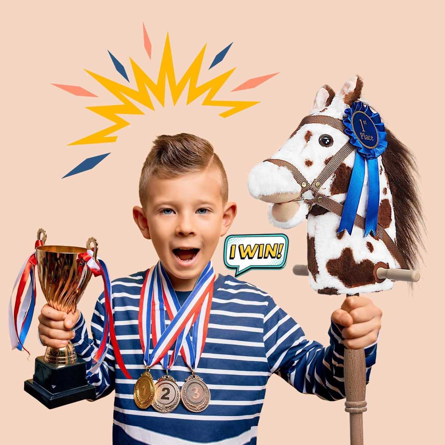 HollyHOME Stick Horse Plush with Detachable Blue Ribbon Champion Hobby Horse on Stick with Wood Wheels Real Pony Neighing for Kids Toddlers Appaloosa 36 Inches(AA Batteries Required)