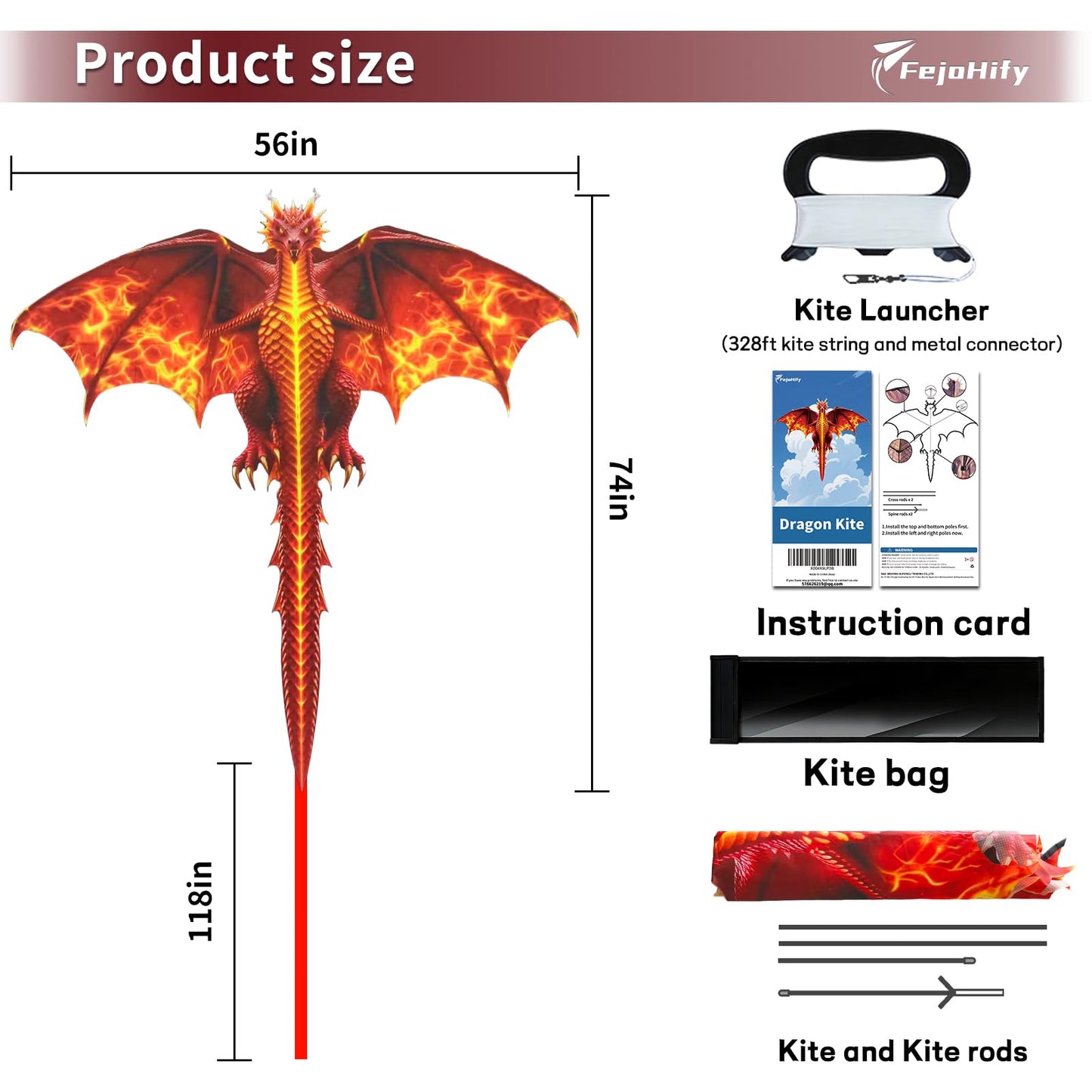 FejoHify Large Dragon Kite for Kids and Adults, Easy to Fly with 300ft String, Perfect for Beach, Park, Outdoor Activities, Gift for Boys Girls.(Fire)