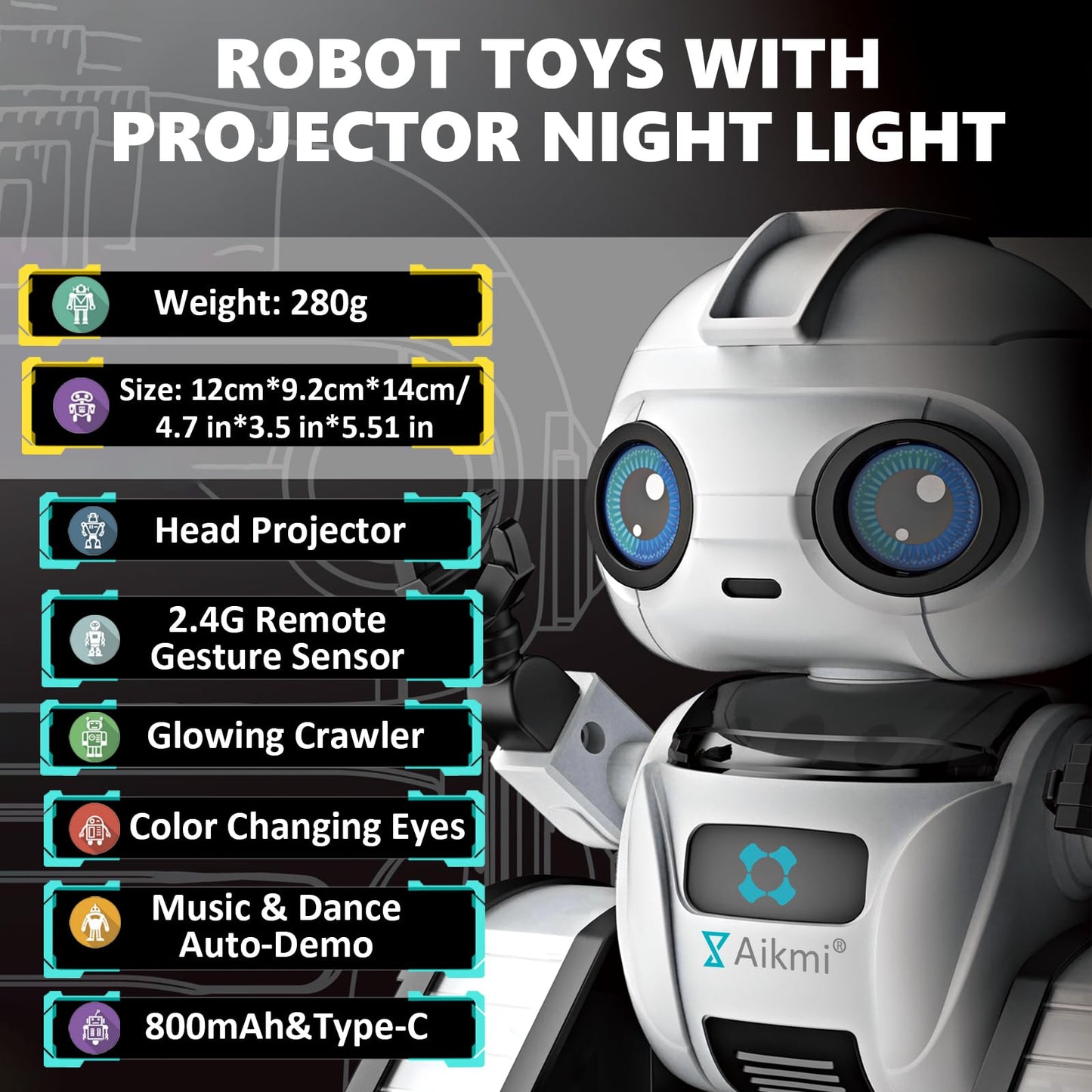 Aikmi Robot Toys for Kids 5-7, Rechargeable Remote Control Robot with Projector Night Light for Kids, Gesture Sensor, Music, Toys for 6 Year Old Boys Girls Birthday Present Boy Toy (White)