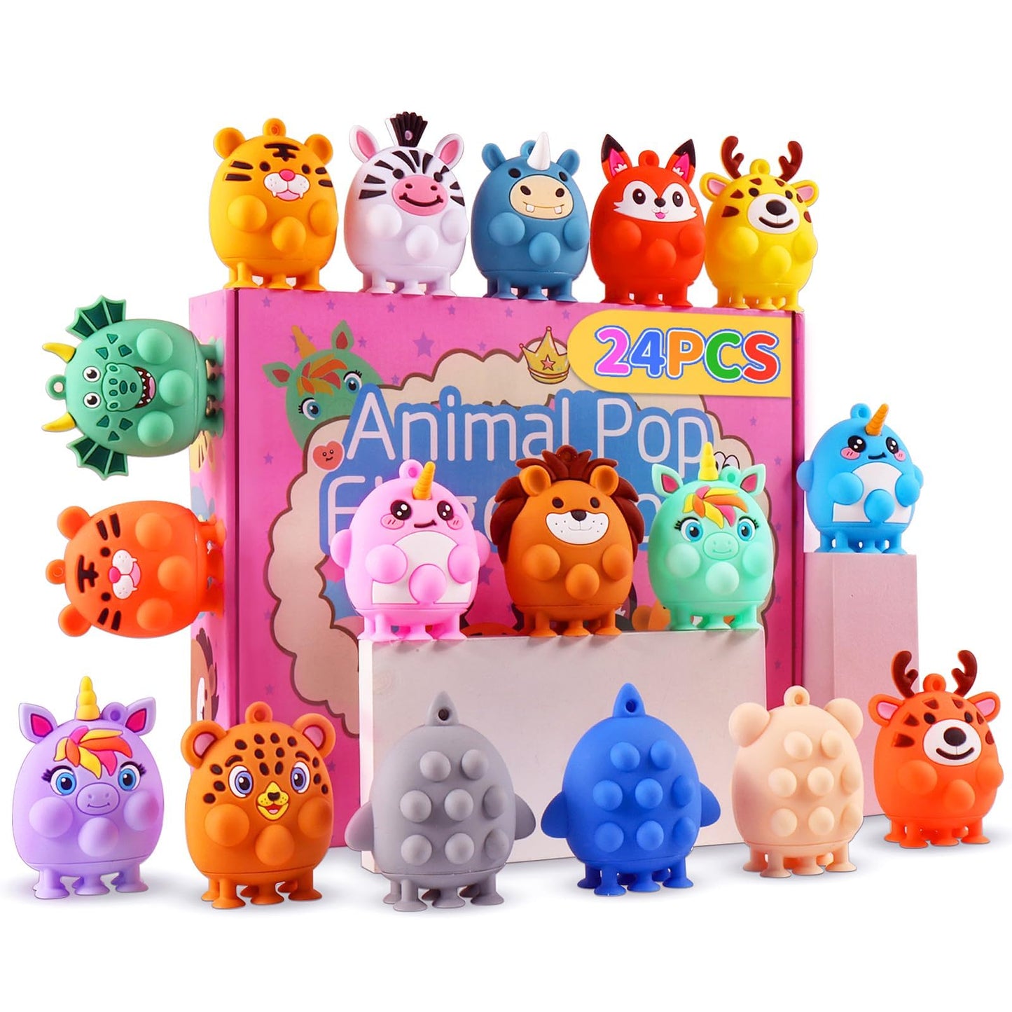 ChildFun 24 PCS Party Favors for Kids, Silicone Animal Pop Fidget Toys with Suction, Birthday Gifts for Boy Girls, Treasure Box Toys, Goodie Bag Stuffers, Prizes for Kids