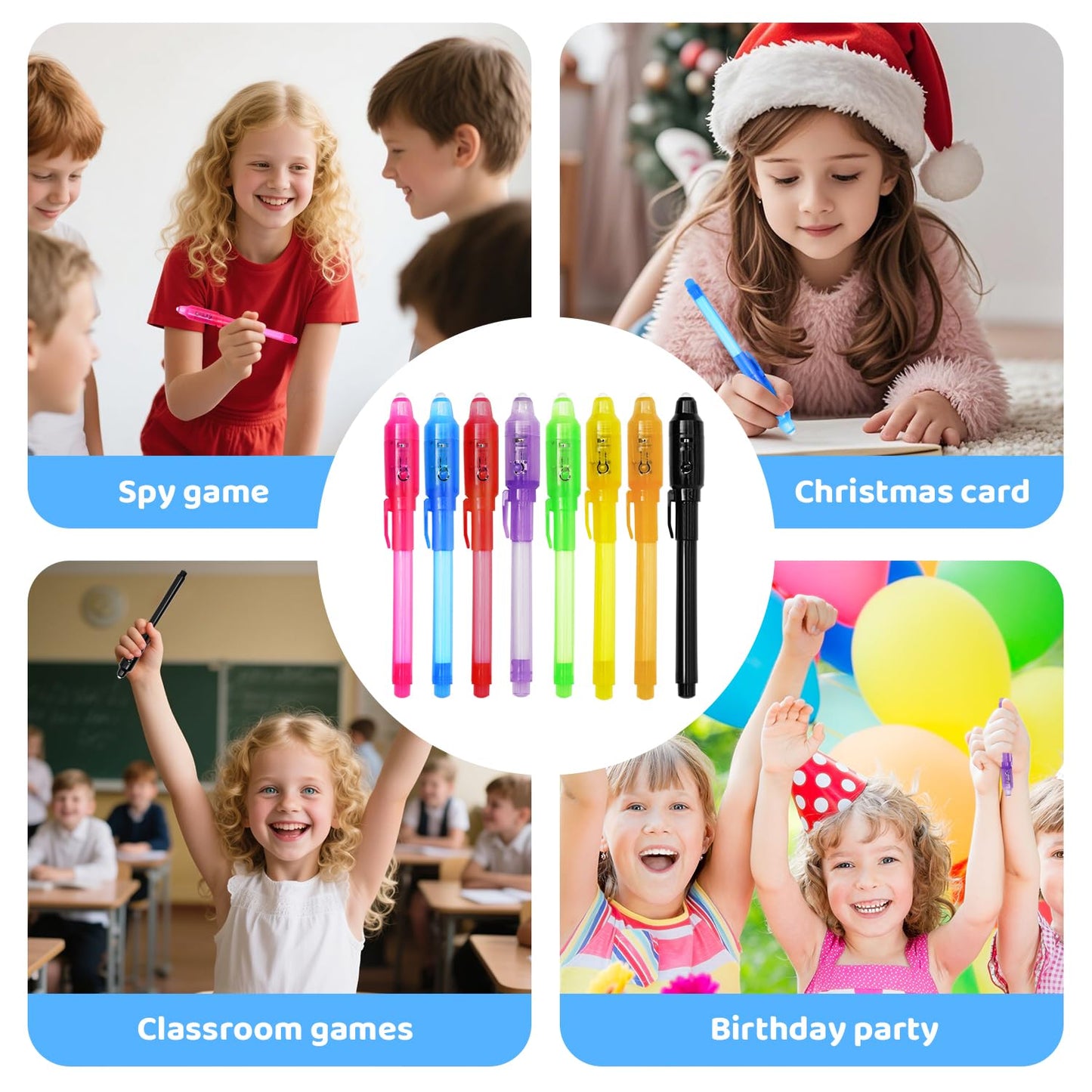 TIDALJAM 32 Pack Invisible Ink Pens with UV Light, 8 Colors Glow ， Secret Message Writing Detective Party Favors, Birthday Christmas Halloween Goodie Bag Stuffers Classroom Prizes School Supplies