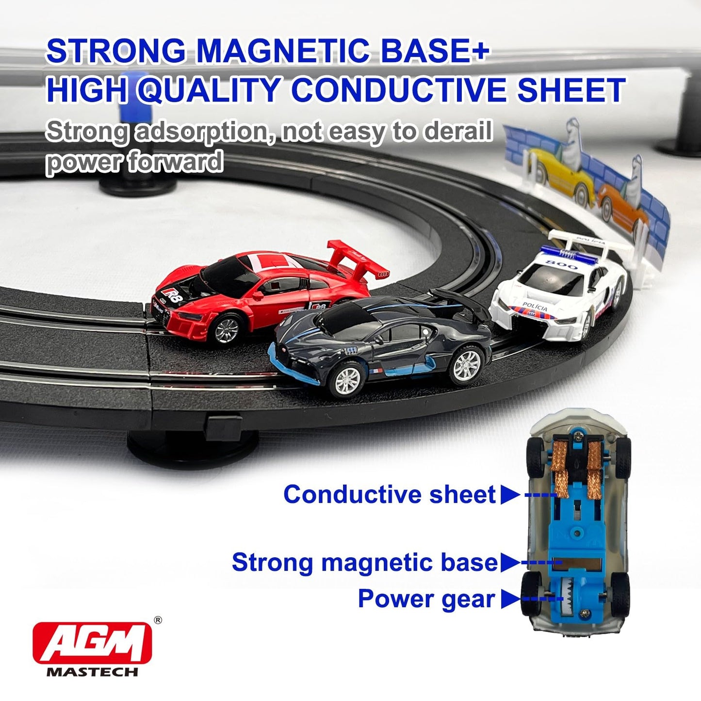 AGM MASTECH Slot Car Race Track Set, High Speed Series Tram Dual Track Set with 4 Licensed Racing Slot Cars, 2 Hand Controls, Track Parts and Lap Counter, 8.4M Long Track, Color Box