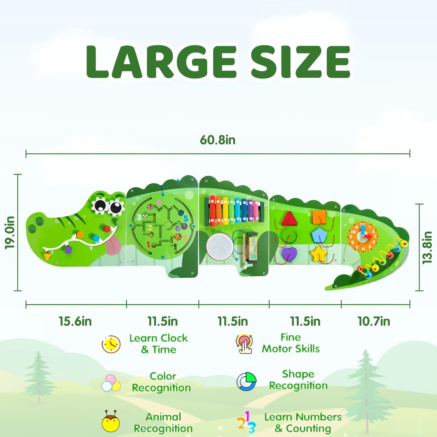 Crocodile Activity Wall Busy Board Panels | 9-in-1 Wooden Sensory Wall Panel for Kids, Montessori Learning Activity Center | Perfect for Toddler Playroom, Daycare, Nursery, Classroom or Dr's Office
