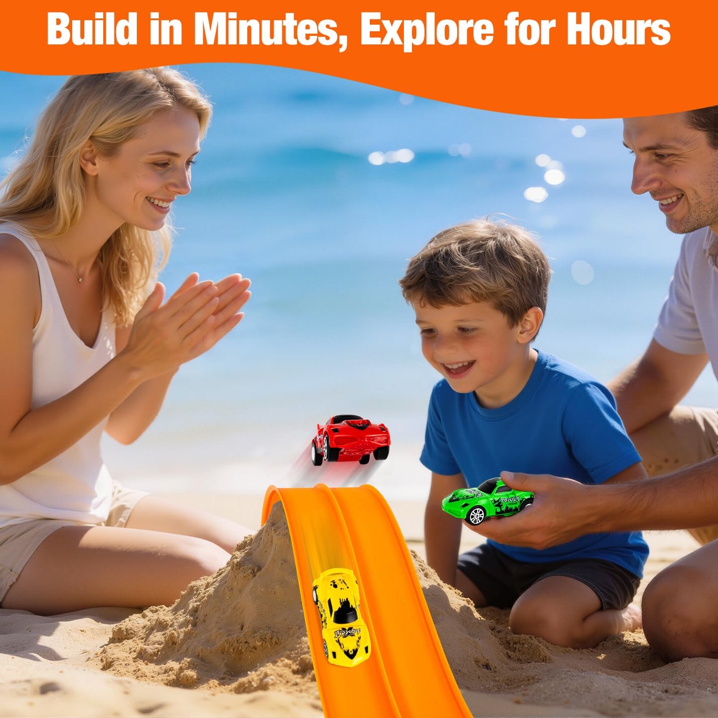 16.4 Ft Flexible Race Track for Kids Outdoor Toys Portable DIY Roll-Up Flex Race Car Track Compatible with Diecast 1/64th Cars Birthday Gifts Easter Basket Stuffers for Kids Boys Girls Ages 3+