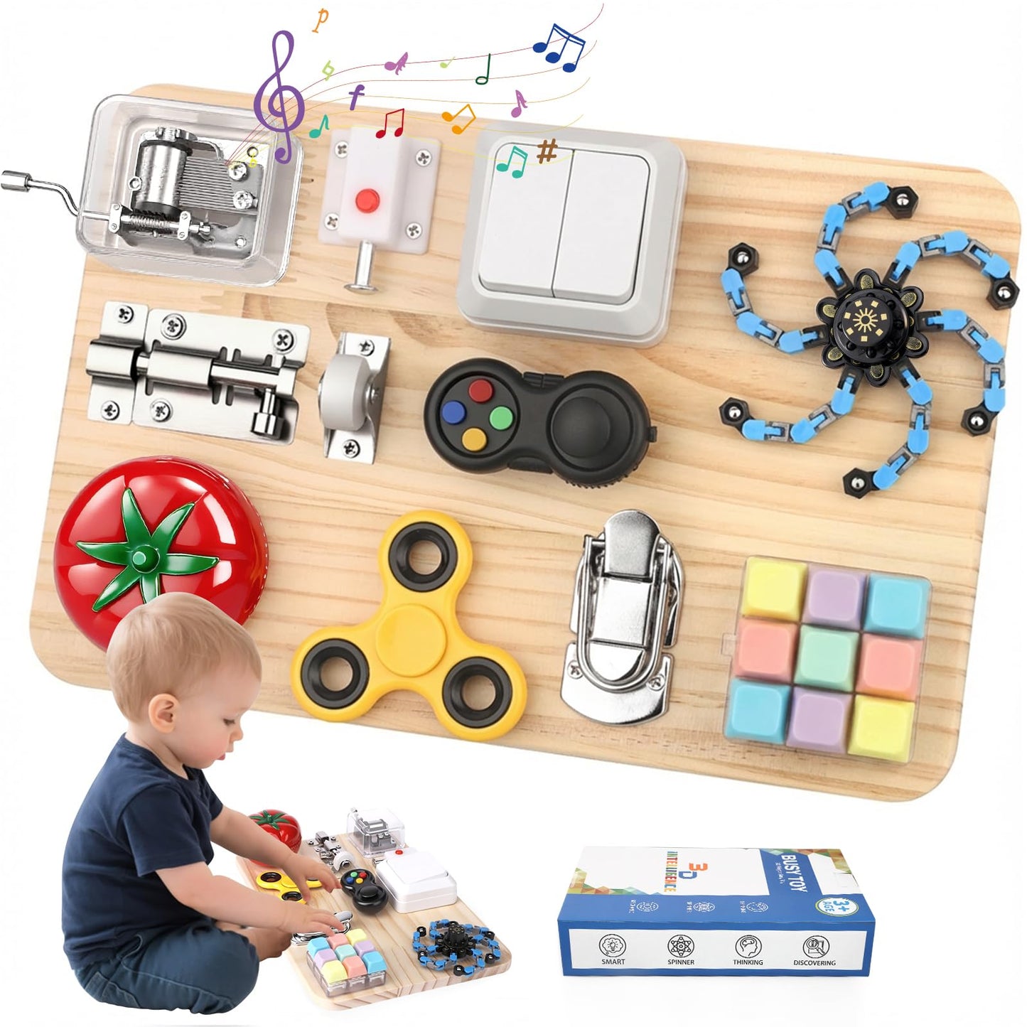 Busy Board for Toddler Kid Early Development, Fidget Sensory Learning Motor Skills Montessori Toy for Age 3 4 5, Busy Pad Fidget Spinner Travel Toy Birthday Gifts Educational Activities for Boy Girl