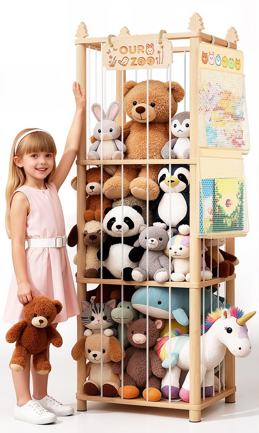 ZEQON Stuffed Animal Storage - Large Wooden Toy Storage Organizer with 1 Removable Hanging Storage Net, Plush Toy Organizer for Kids' Rooms, Bedroom, Playroom or Nurseries