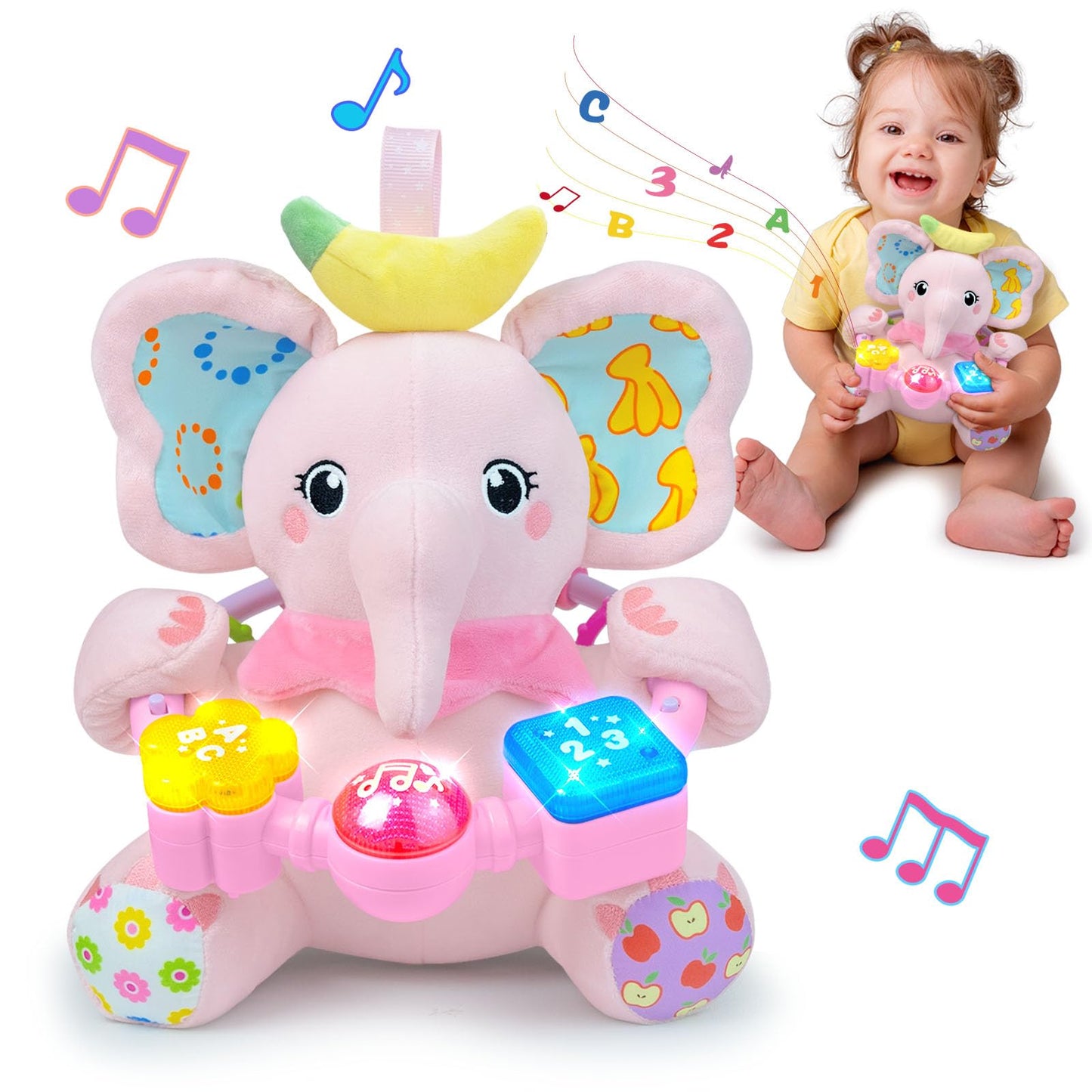 Holaxander Baby Boy Gift Set for 0-6-12+ Months (1 * Baby Elephant Musical Toy & 1 * Musical Plush Dino Toy)
