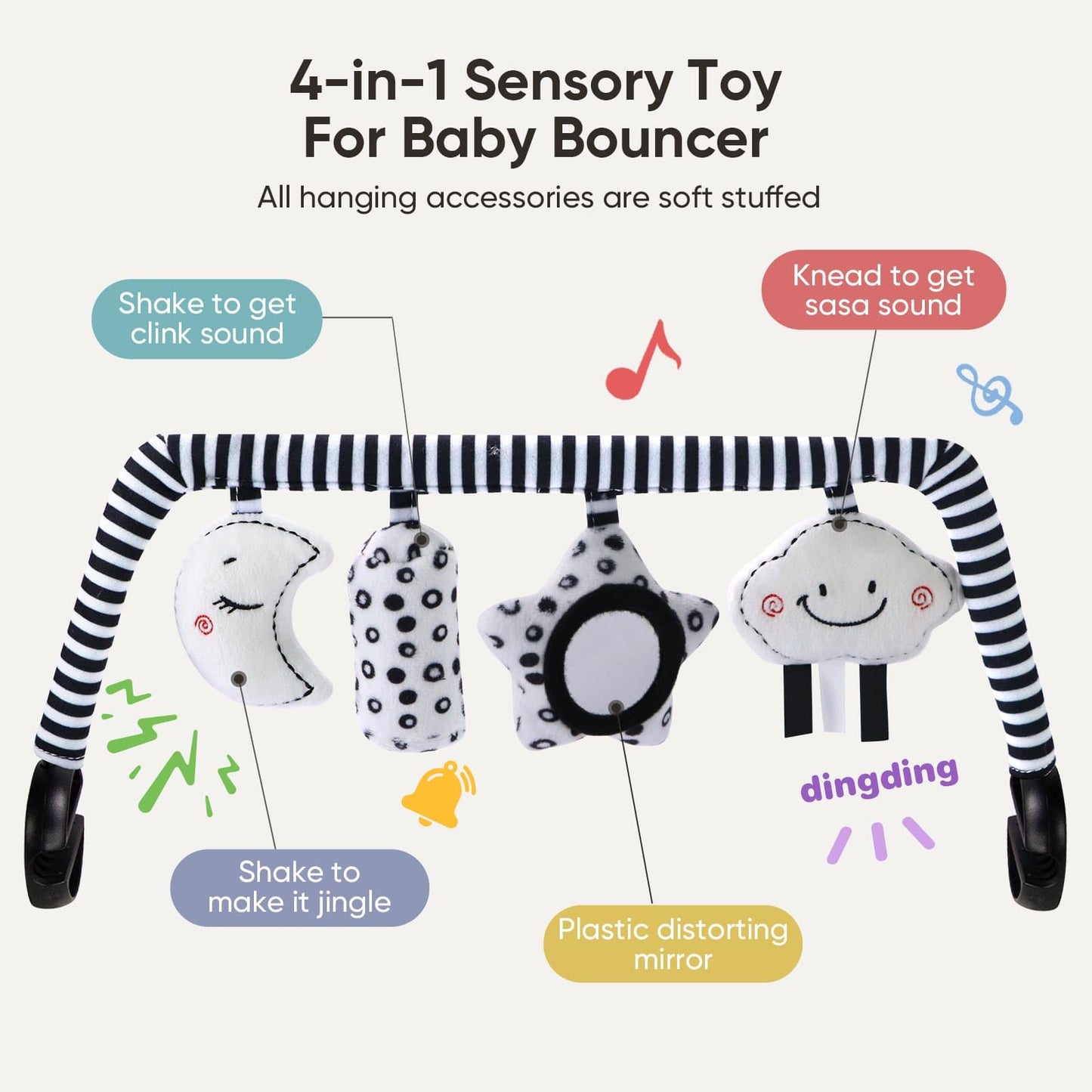 TinlyFinly Baby Bouncer Toy Bar Soft with 4 Hanging Sensory Toys Attachment, Compatible with Baby Bjorn Bouncer, with Mirror, Rattle, Crinkle Sound for Babies All Ages (Black and White Shapes)
