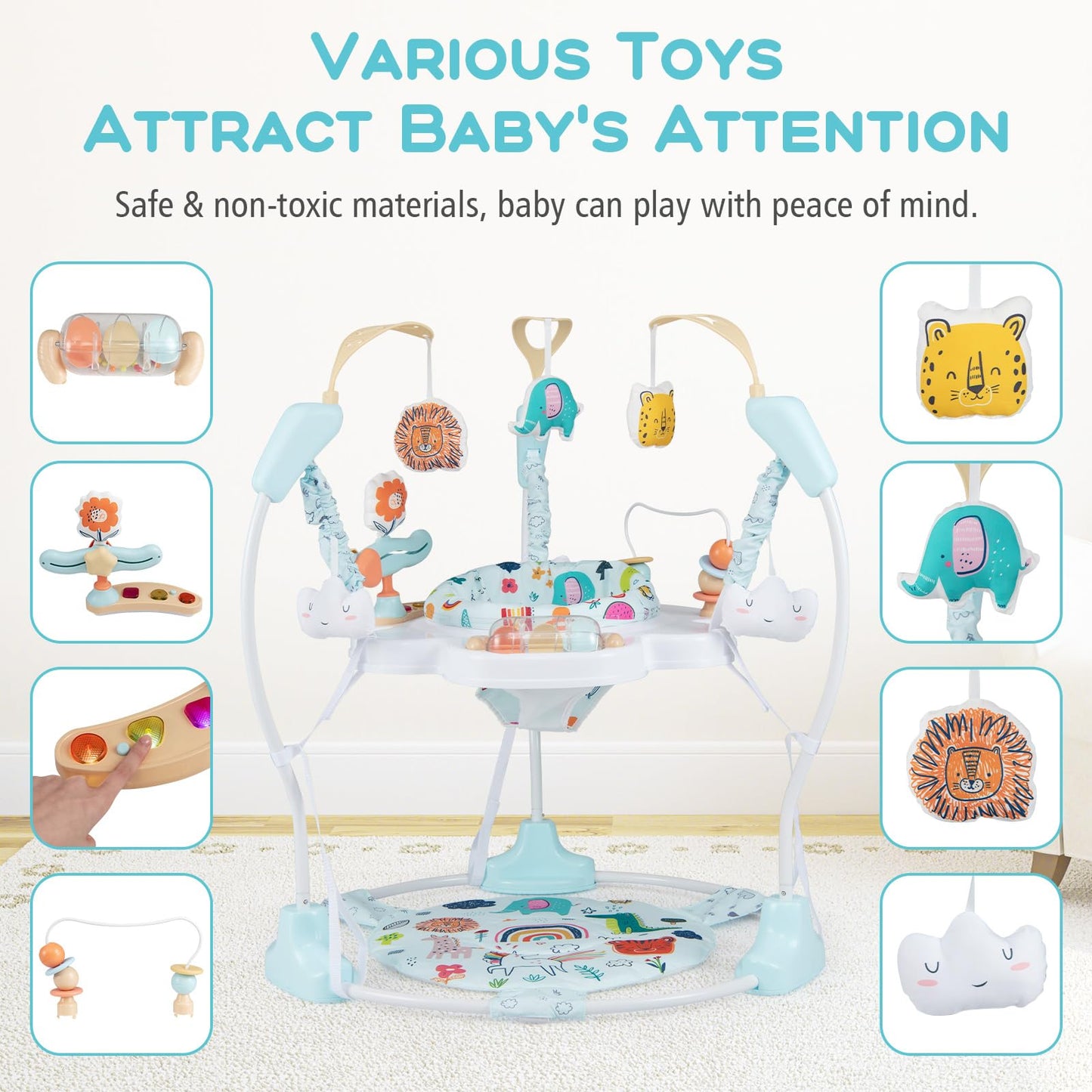INFANS Baby Activity Center, 3 in 1 Play Center Jumpers and Bouncers with Music, Lights, Interactive Toys, 360°Rotating Seat, Adjustable Heights, Exersaucer Learning Toys for 6-12 Months (Light Blue)