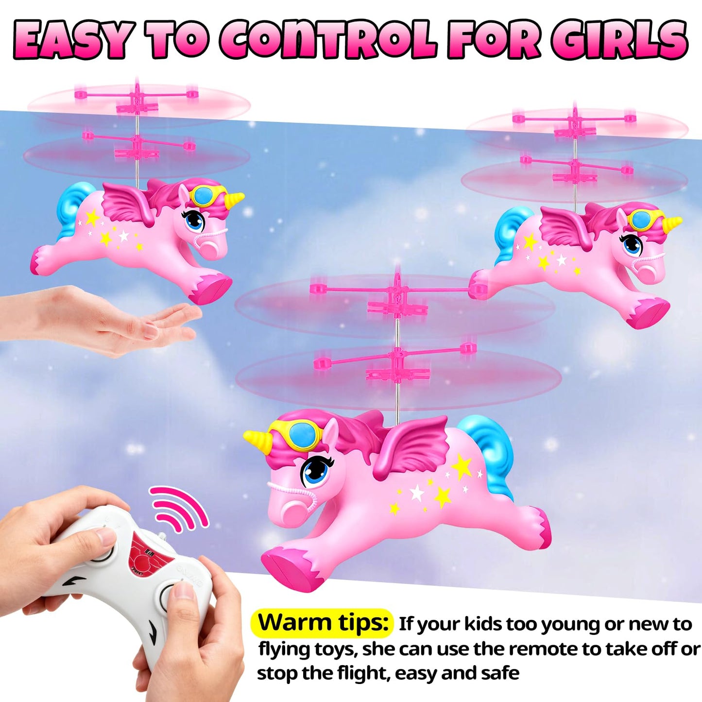 Bloolilies Flying Unicorn Toys for Girls, Magic Flying Fairy Toy Rc & Hand Controlled Unicorn Mini Drone Helicopter Toy with LED Light for Girls Age 6 7 8 9 10 11 12 Years Old Birthday Gift for Kids