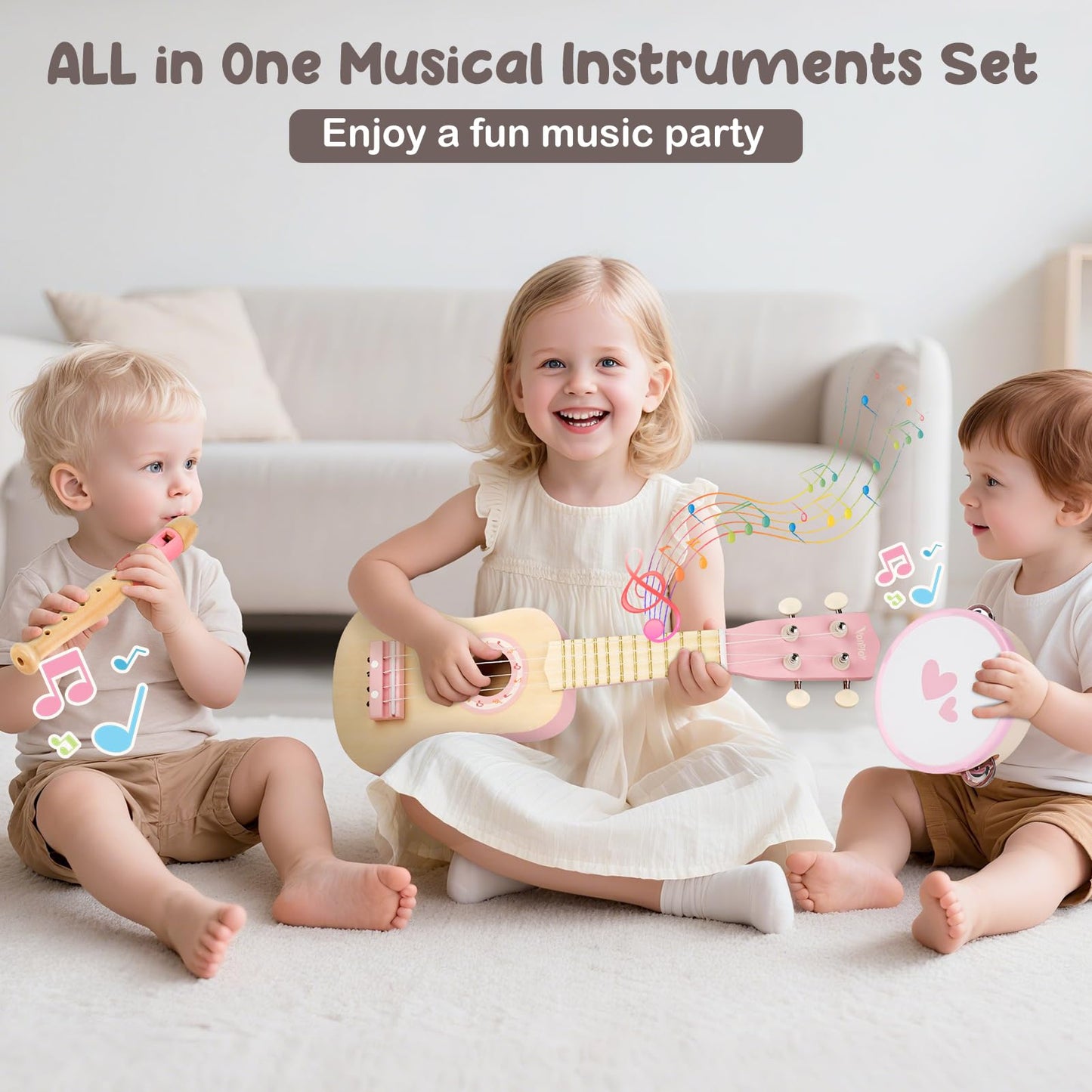 Vanplay Kids Guitar Set for Girls - Toys for 2 3 4 Year Old Girl Birthday Gifts - 7 in 1 Wooden Montessori Musical Instruments with Ukulele/Tambourine/Maracas/Flute for Toddler 2-5(Pink)