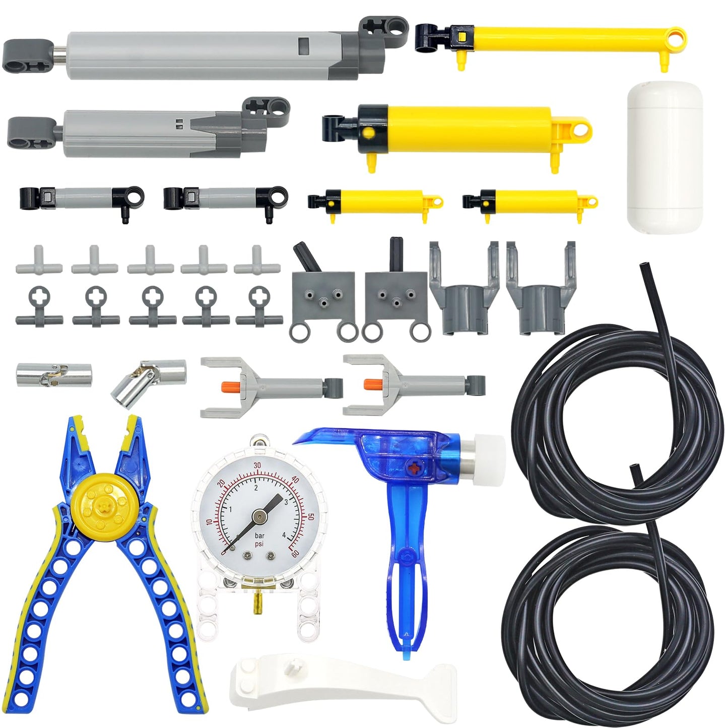 33pcs Pneumatic Pumps Parts Kit, Compatible with Technic Pumps Pneumatic Cylinders Air Tank Switch Tubes Push Rod Pressure Gauge T-connectors Actuator Alloy Joint, for Building Toys Accessories