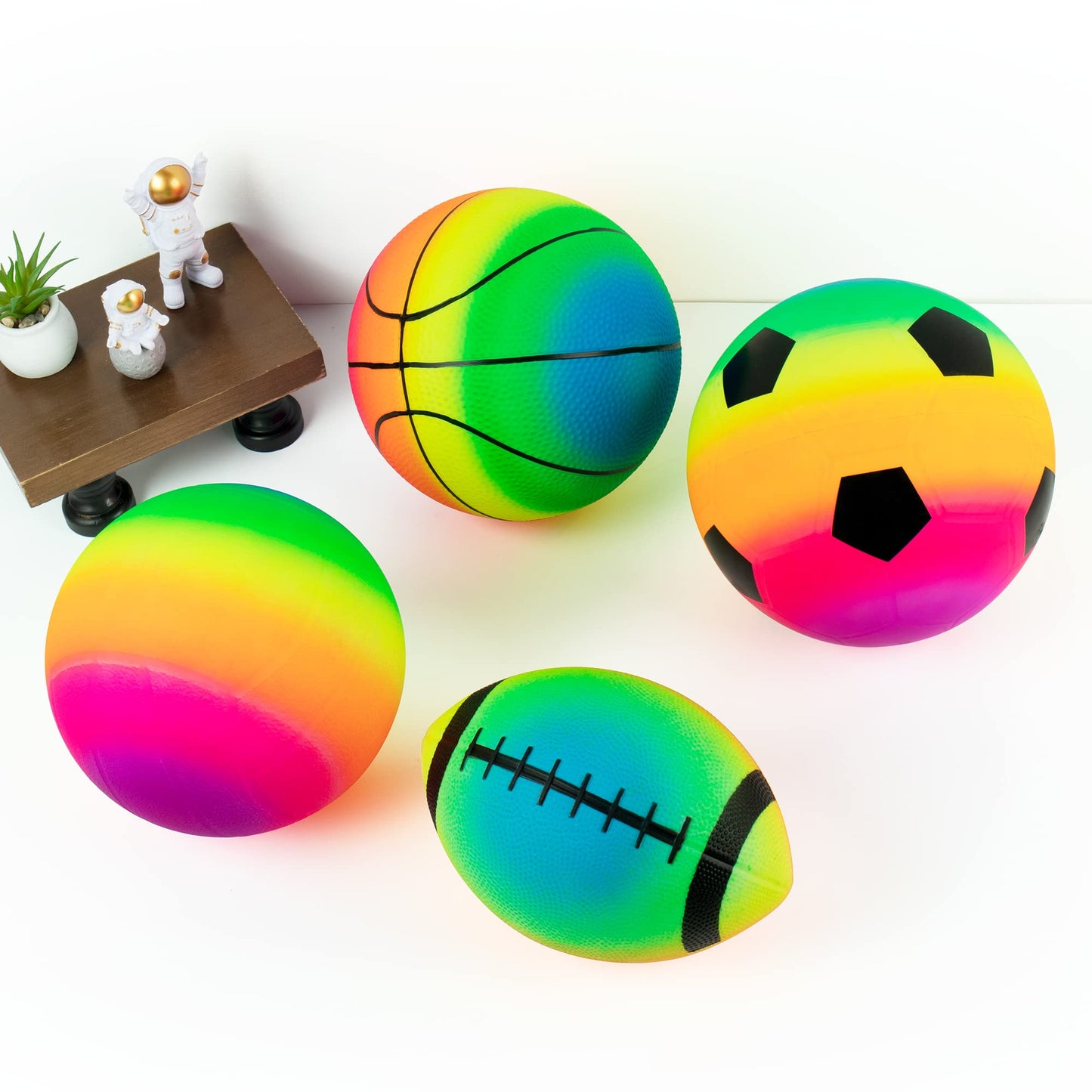 Homotte Rainbow Sports Balls Pack of 4, 8.5" Football Basketball Soccer Volleyball Set with Pump, Inflatable Multi-Sports Ball Set, Outdoor Playground Toys for Kids, Bulk Available