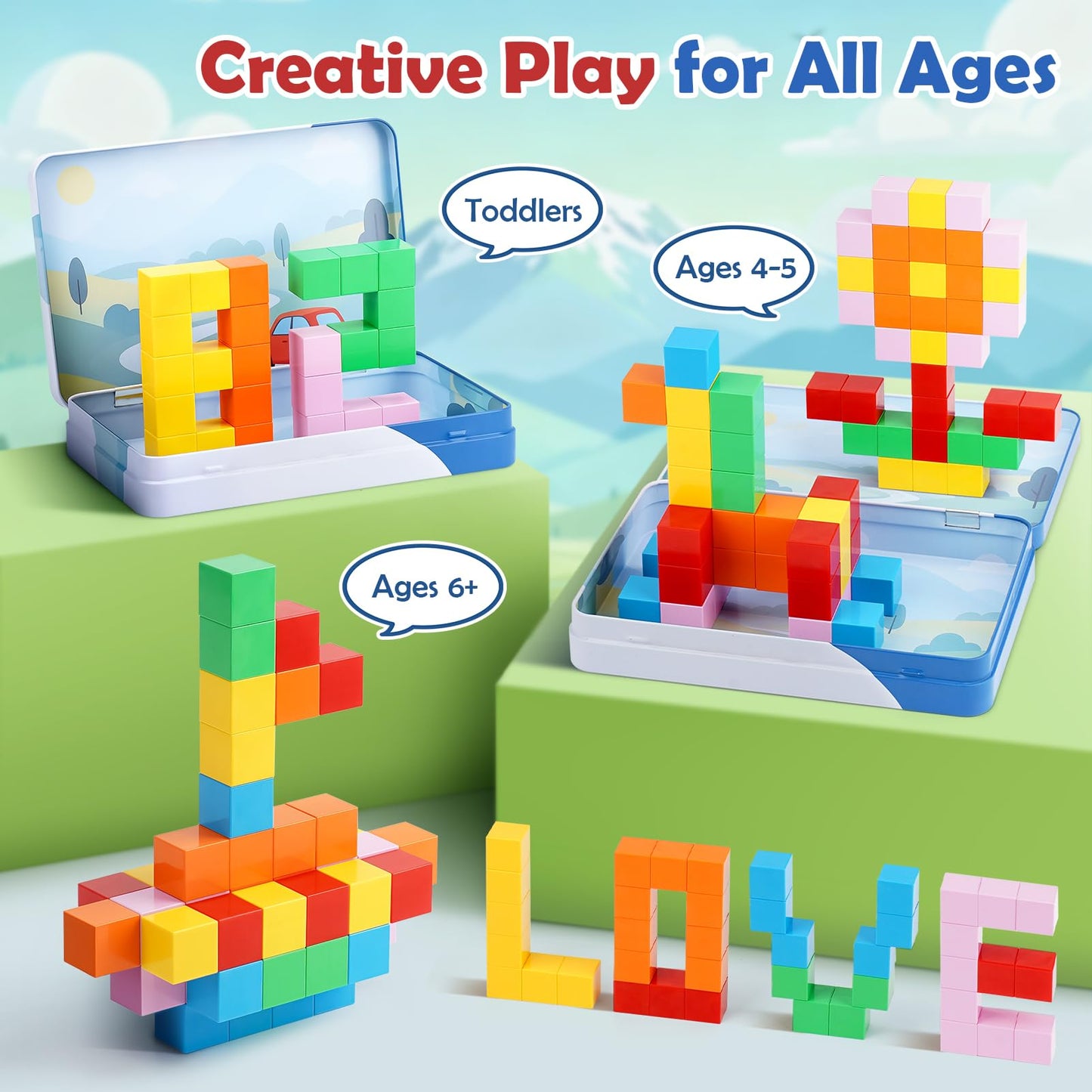 52 PCS Magnetic Blocks with Metal Box, 0.8in Mini Building Cubes Protable Travel Airplane Classroom Toys for Kids Ages 3+, STEM Educational Building Set for Toddlers Boys & Girls Birthday Gifts