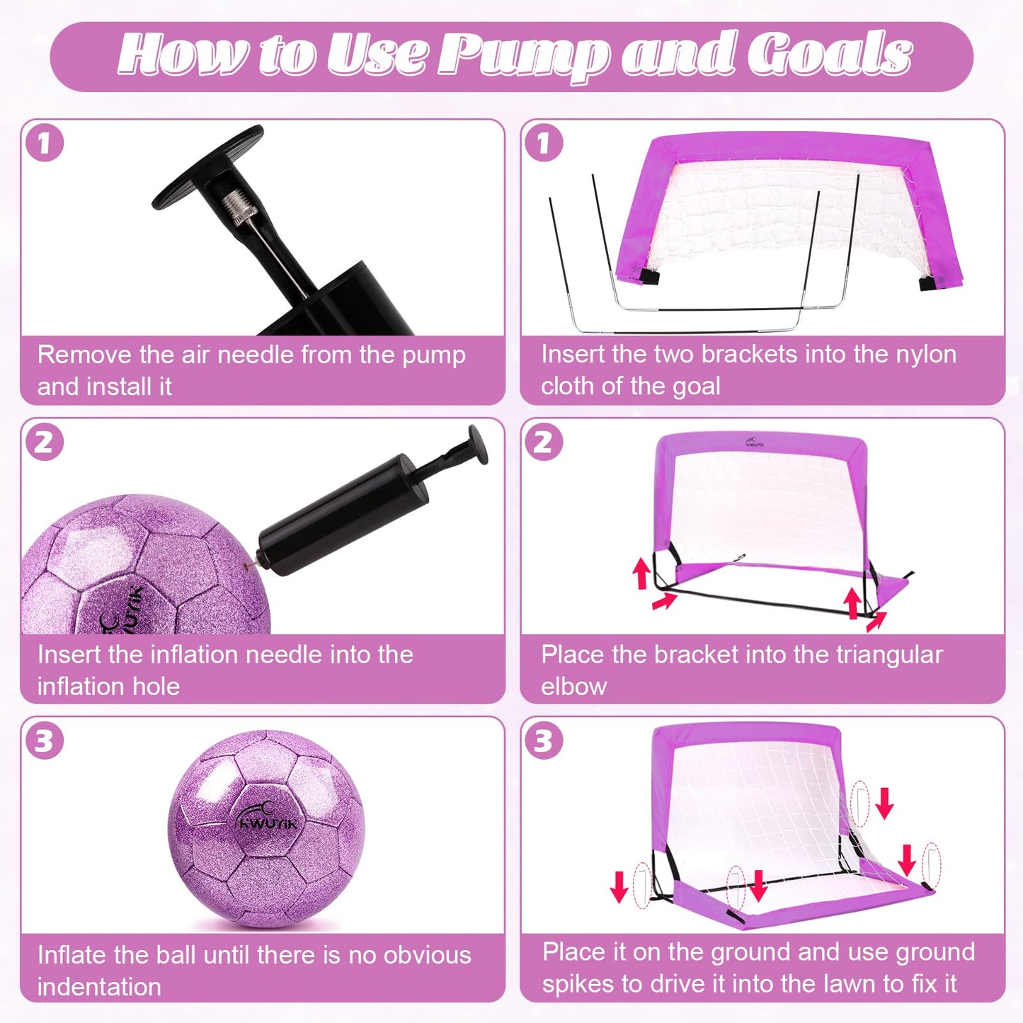 2 Pcs Purple Mini Soccer Goals Set 2x1.5x1.5ft Indoor Soccer Nets for Kids with Size 2 Toddler Soccer Ball Foldable Net Toy with Pump for Children Boys Girls Backyard (Purple)