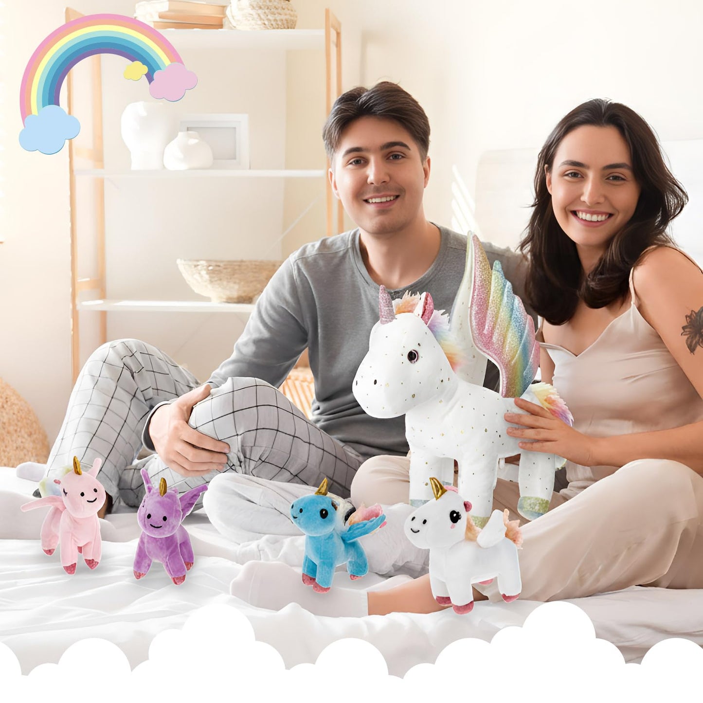 Hollowfly 5 Pcs Fly Unicorns Plush Toy Gift Set 15.7" Mom Unicorns with 4 Cute Babies Stuffed Animal in Zippered Back Nurturing Plushies Toy Set for Kid Adults Birthday Party Favors Gifts
