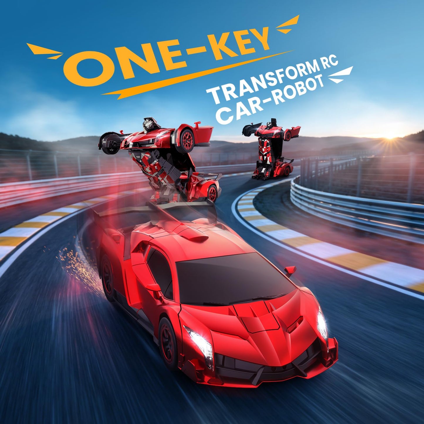 YONCHER Transform Remote Control Car, 1:12 Big Size Transform RC Cars Robot, 2-in-1 Robot Car Toy with Music and Light, Gesture Sensing, 360° Automatic Deformation, for Boys and Girls, Red