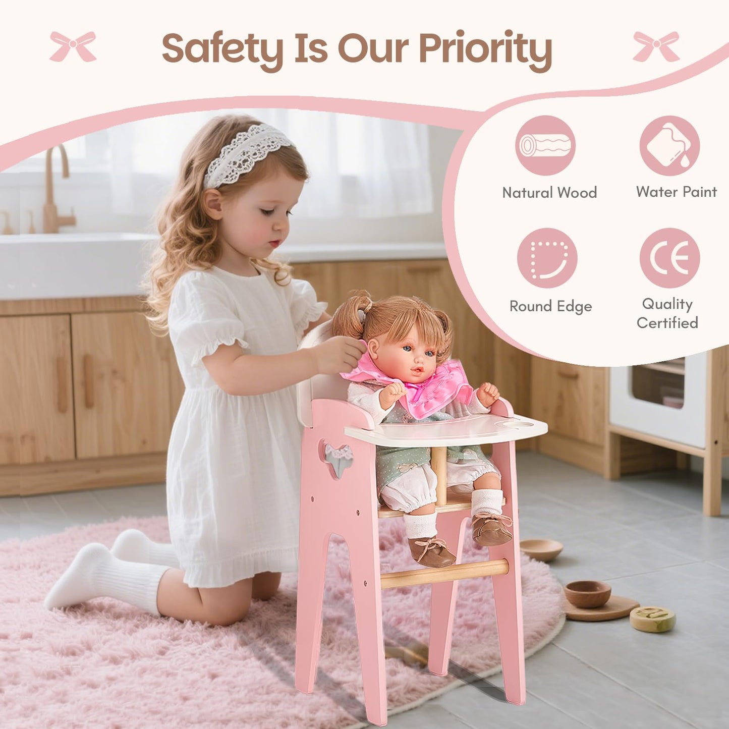 Giant bean Wooden Baby Doll High Chair with Feeding Set, Pretend Play Feeding Seat for Dolls, Includes Bib, Utensils, Bottles & Plate, Toddler Role Play Furniture for 18 Inch Dolls