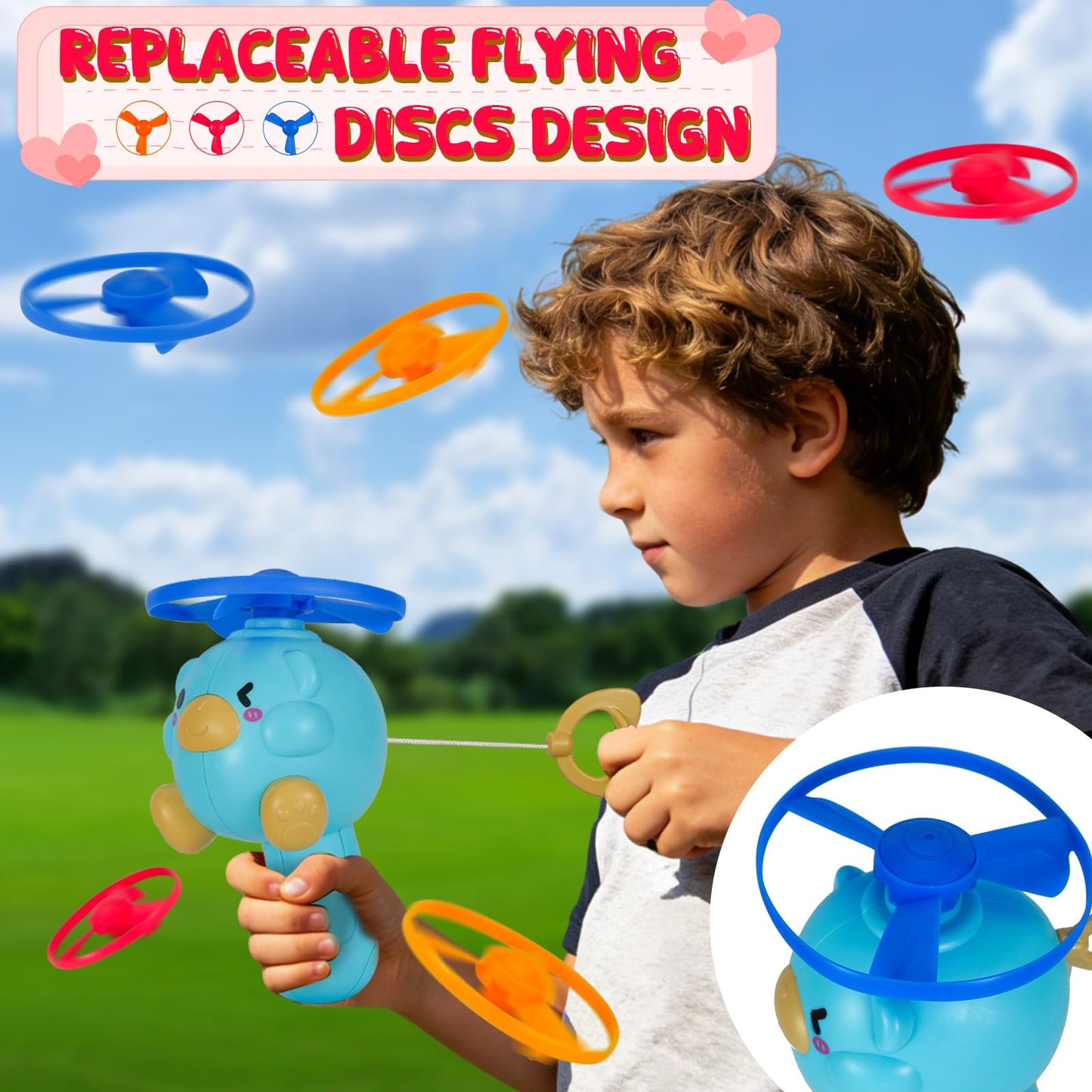 Qiuyanbo Outdoor Flying Disc Launcher Toys Set Pull-String Launchers Flying Toys for Summer Fun