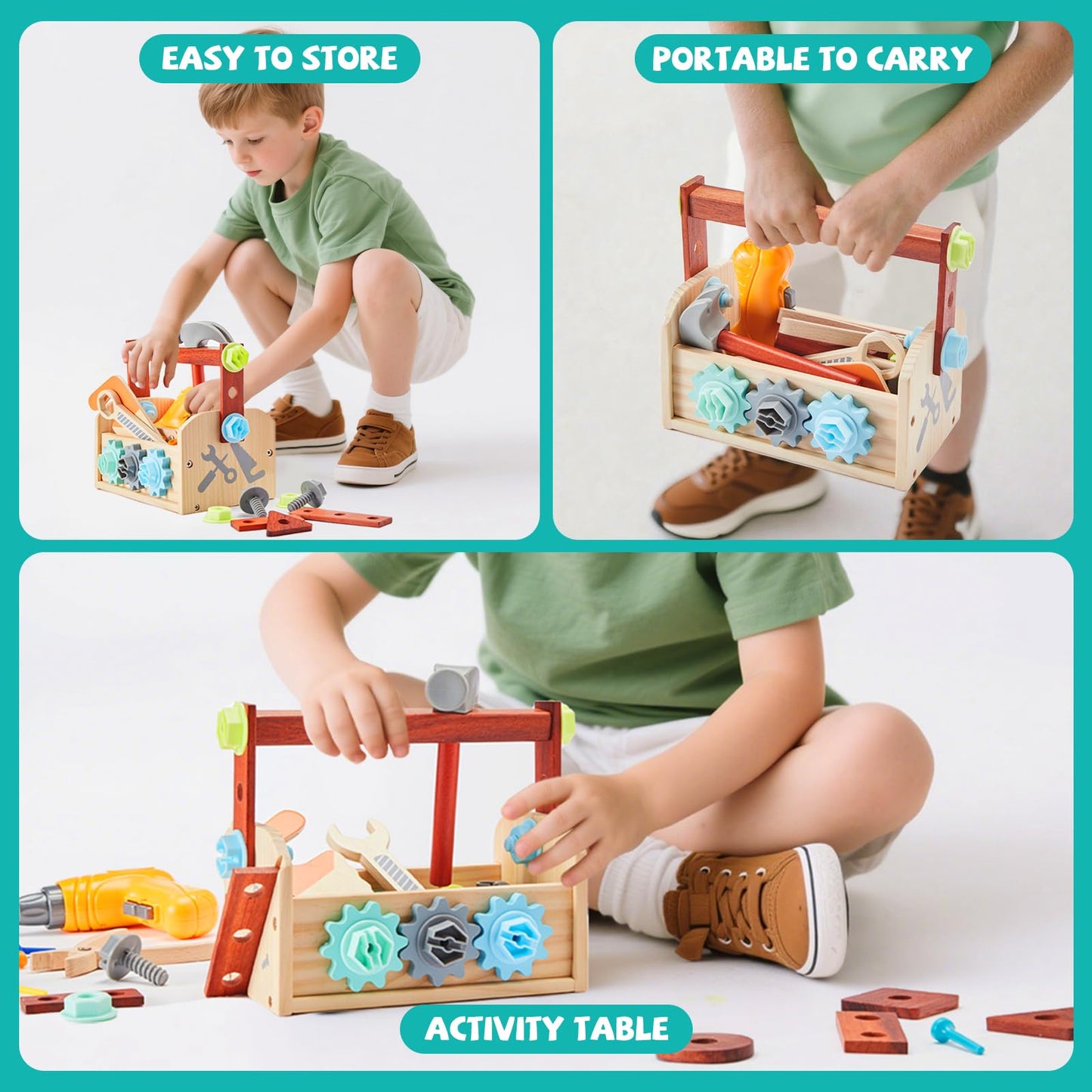 Kids Tool Set - 54 PCS Wooden Toddler Tool with Wooden Box, Educational Pretend Play Construction Toy for 2 3 4 5 6 Year Old Boys Girls, Toddle Electronic Toy Drill Children Montessori STEM