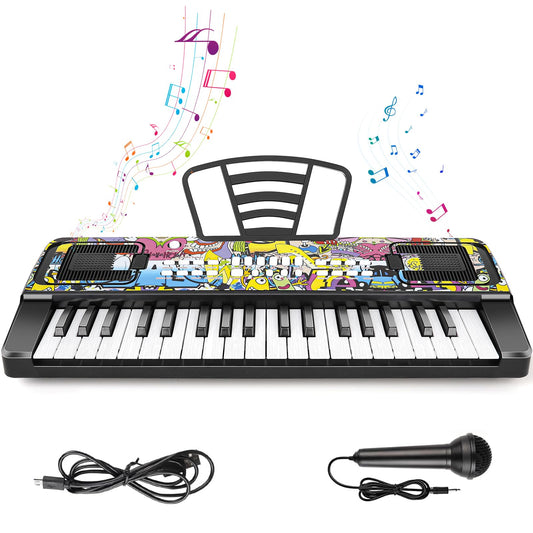 Kids Keyboard Piano, 37 Keys Keyboard Electric Digital Piano, Early Learning Educational Musical Toys Piano for Kids Toddlers Beginners with Music Stand, Microphone - Christmas Birthday Gifts, Black