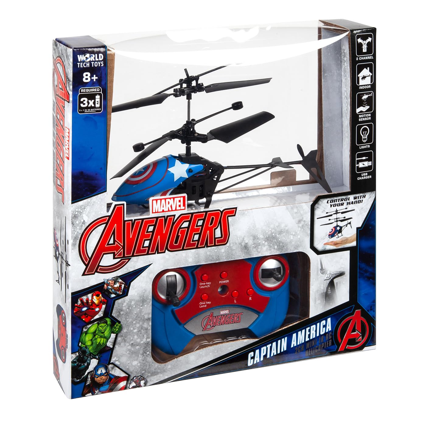 World Tech Toys Marvel Captain America RC Helicopter – Easy‑Fly Remote Control Helicopter with LED Lights, Durable Body, Coaxial & Rear Rotors – Kids 8+