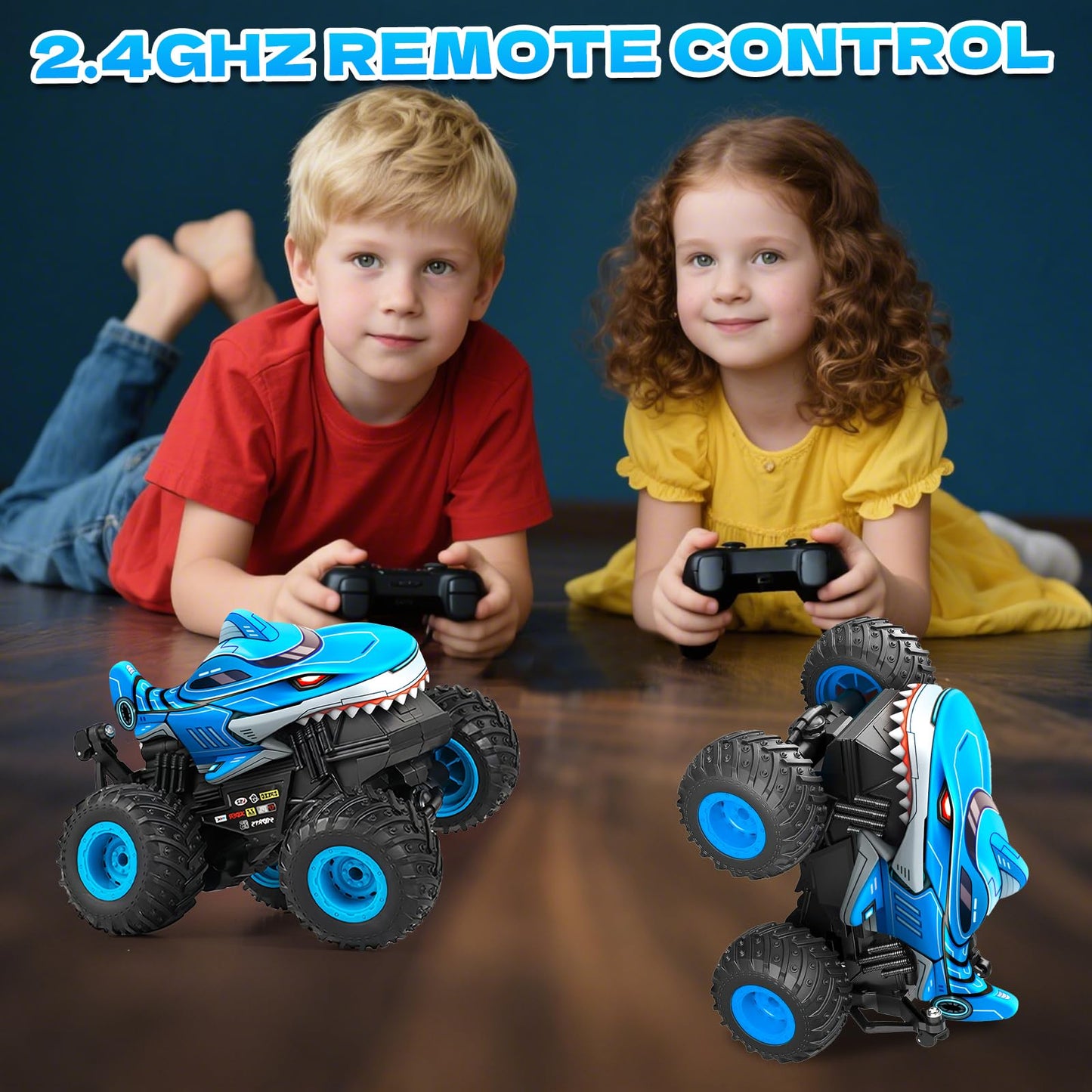 YongnKids Remote Control Car, Shark Monster Trucks for Boys Age 4-7, 2.4Ghz Rchargeable Rc Car with Music & Light,360° Rotating Stunts RC Truck Toy for Kids 3-5 6 7 8-12 Birthday Easter Gift