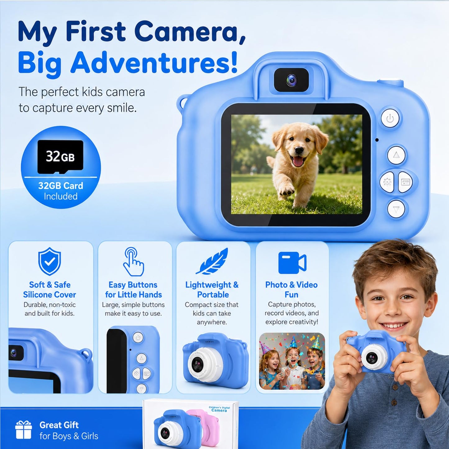 Tyseoome Kids Camera Toys Gifts Christmas Birthday Festival for Boys Age 3 4 5 6 7 8 9 10 Year Old Boy Toys HD Digital Video Toddler Camera with 32GB SD Card(Blue)